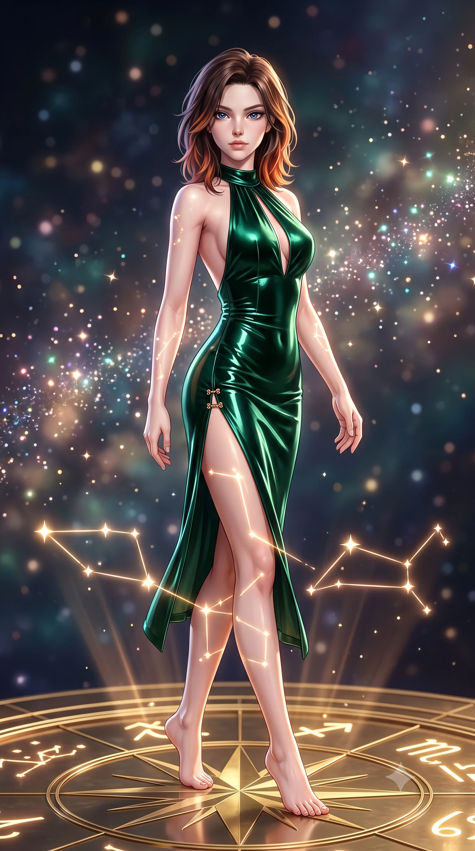 score_9, masterpiece, best quality, ultra-detailed, high-budget anime keyframe, semi-realistic 3D game render, editorial fashion photography, tasteful artistic composition, Korean woman. low angle full-body shot from head to toe showing her feet, filling the entire 9:16 vertical frame with her statuesque presence, stretching her vertical silhouette. pivoting dynamically in mid-motion with a breathtakingly alluring posture, displaying her flawless model proportions and ultra-slim waist while pivoting dynamically on a polished brass star-chart floor as glowing constellation glyphs project light across her figure. The composition keeps background elements in soft focus with creamy bokeh. sparkling holographic stardust scattering soft glowing light across a celestial backdrop. She has an absolutely perfect, statuesque 8.5-heads proportion, an exceptionally tall and slender model-like female figure with impossibly long slender legs, a toned flat midriff, and an ultra-slim waist. sharp v-shaped jawline, high-bridge nose, intricate jewel-like eyes with depth, thick eyelashes, glossy lips with a natural sheen, flawlessly proportioned anatomical accuracy, strict slender model proportions, natural body alignment, perfectly sculpted long slender limbs, ultra-slim waistline, clean dynamic posture without body distortion. wearing a velvet halter-neck midi dress fitting her statuesque contour flawlessly with a Tasteful chest slit and open spine in bright emerald green satin and gold hardware, formed from high-gloss patent material with specular light reflections, finished with an ultra-high side slit secured by miniature magnetic clasps, the sleek second-skin cut tightly hugging her graceful clavicle, narrow waist, and feminine curves with athletic precision. illuminated by glowing holographic star glyphs and crisp specular highlights on polished metal. highly saturated vibrant anime colors, detailed shading with soft gradients, rich glossy textures, high-contrast stereoscopic depth, volumetric dynamic lighting, master piece, 9:16 ratio