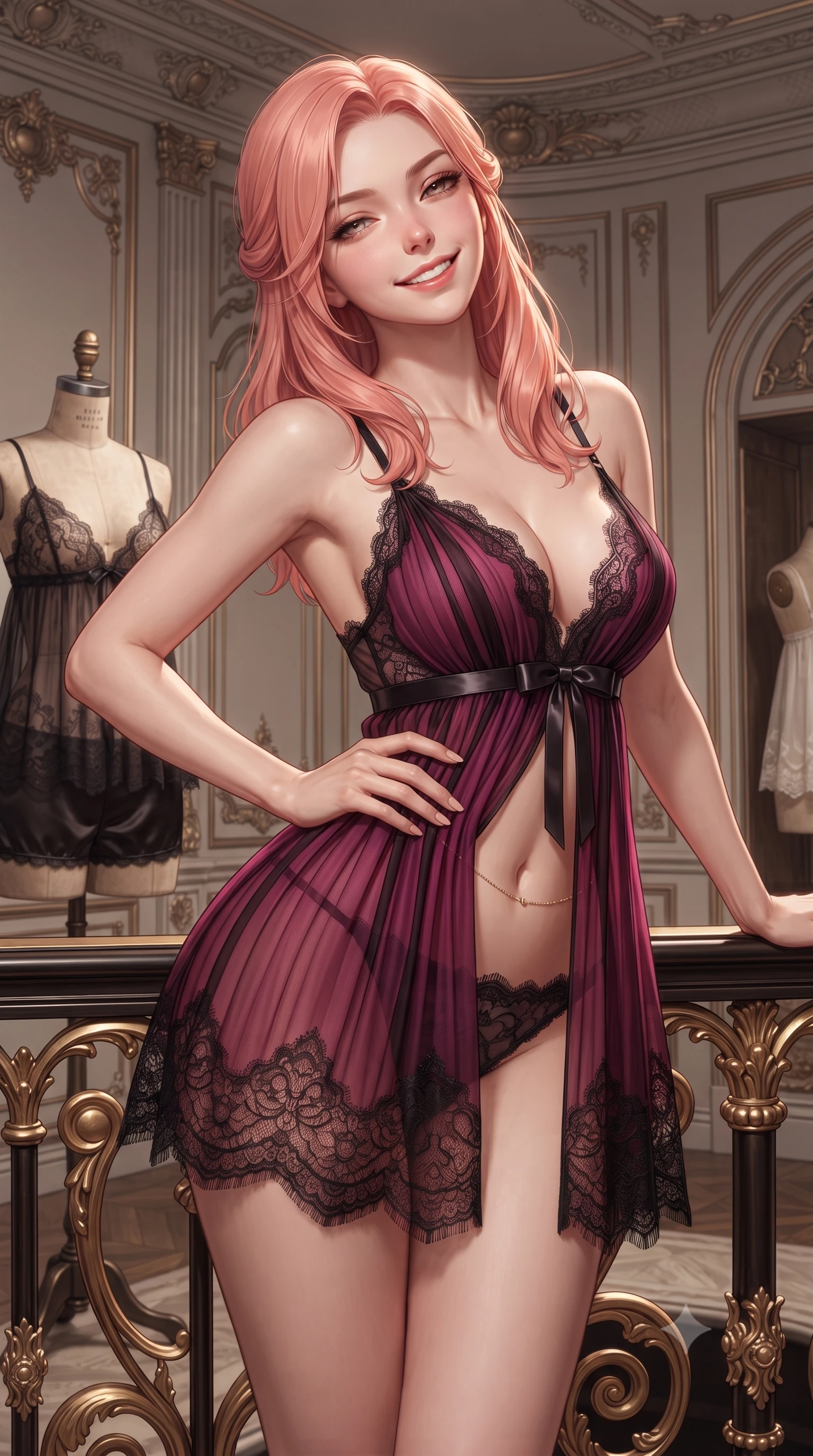 score_9, masterpiece, best quality, ultra-detailed, high-budget anime keyframe, editorial fashion photography, tasteful artistic composition, Japanese woman. close-up cowboy shot from the waist and thighs up, the character dominates the composition, filling the frame with her large presence. leaning back against the balustrade with relaxed seductive grace, head tilted back slightly while casting a hypnotic, heavy-lidded gaze while standing centered in the dressing salon with one hand on her cinched waist, her sheer gown with delicate beading catching the soft lights. The surrounding environment is rendered in vivid detail and crisp panoramic clarity: detailed sheer lace babydoll camisole drape, satin tap pants lace trim, and master interior architecture in razor-sharp precision. She has an exceptionally elegant, slender, and willowy female figure with an ultra-slim waist, flat toned midriff, narrow ribcage, and sculpted feminine hips creating an alluring, slim hourglass silhouette without bulk. sharp v-shaped jawline, high-bridge nose, intricate jewel-like sparkling eyes with depth, thick eyelashes, glossy parted lips with a natural peach sheen, bright cheerful beaming smile with an enchanting and coquettish sensual glint, exuding both youthful cute charm and seductive allure, flawlessly proportioned anatomical accuracy, strict slender model proportions, natural body alignment, perfectly sculpted long slender limbs, ultra-slim waistline, clean dynamic posture without body distortion. wearing a sheer pleated chiffon baby-doll dress with a plunging sweetheart neckline and satin ribbon waist tie in Gangnam electric magenta noir and glossy onyx, made of delicate semi-sheer French Chantilly lace with intricate eyelash edges, accented with a dainty gold belly chain resting across her flat midriff and curving hips, the liquid-tight tailored fabric clinging flawlessly to her narrow waist and rounded feminine hips, emphasizing every millimeter of her sculpted slim hourglass curves without any bulky heaviness. illuminated by mirror specular reflections and sharp rose-gold rim lights defining her features, flat midriff, and slender waist. ultra-reflective glossy finish, specular highlights, rich textural contrasts, high-contrast stereoscopic depth, volumetric dynamic lighting, 2k, ultra detail, master piece, 9:16 ratio