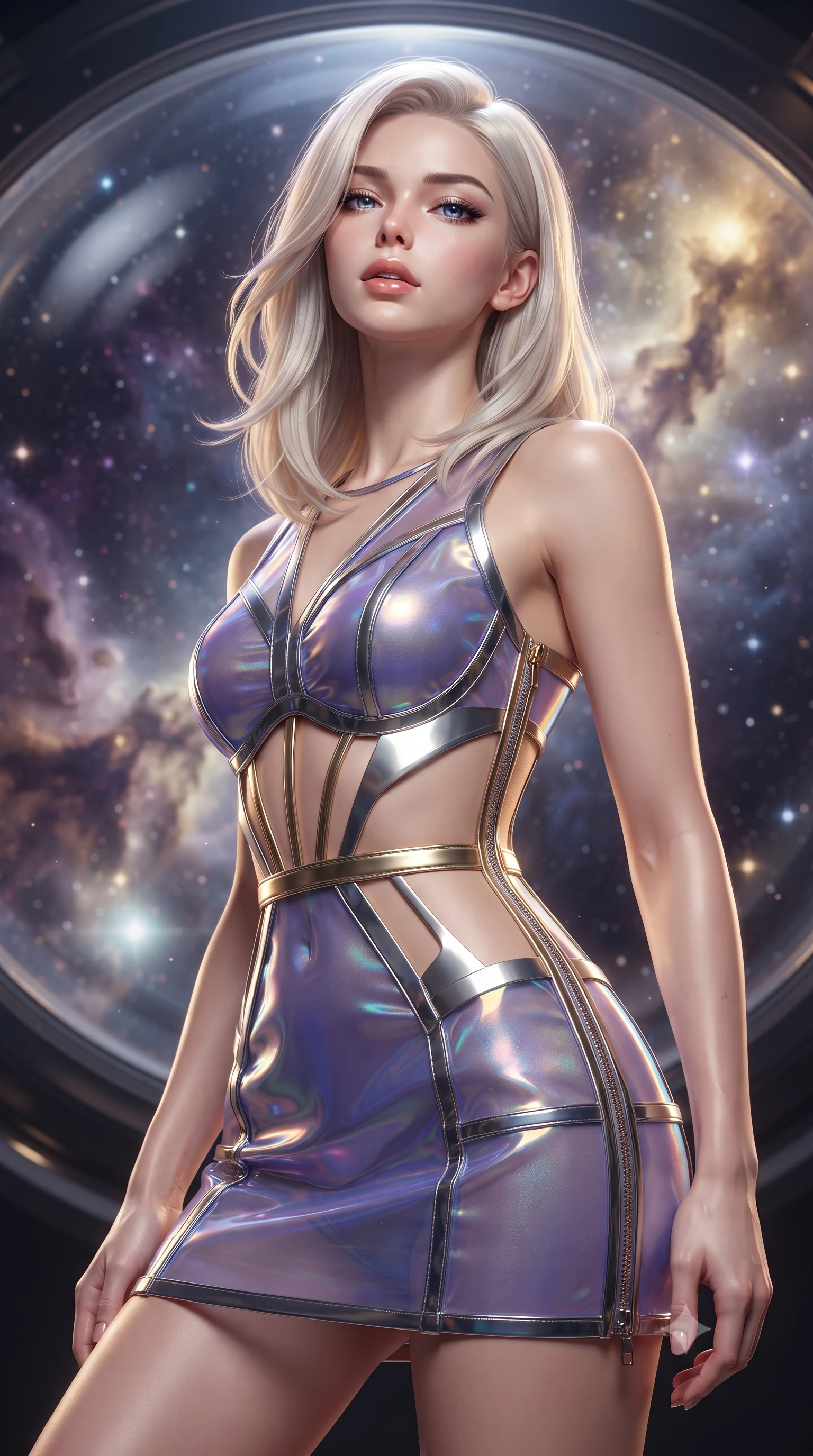 score_9, masterpiece, best quality, ultra-detailed, high-budget anime keyframe, editorial fashion photography, tasteful artistic composition, Caucasian woman. close-up cowboy shot from the waist and thighs up, the character dominates the composition, filling the frame with her large presence, background elements kept in soft focus. Tilting her chin up slightly with lips parted in a composed, magnetic expression, looking out a circular glass dome as cosmic nebula dust clouds swirl outside, intellectual composed expression with direct magnetic gaze. She has an exceptionally elegant, slender, and willowy female figure with an ultra-slim waist, a gracefully sculpted slender torso, and a refined silhouette. sharp v-shaped jawline, high-bridge nose, intricate jewel-like eyes with depth, thick eyelashes, glossy lips with a natural sheen. wearing dramatic open-waist cutout mini dress in opal velvet framed by chrome hardware in metallic silver, made of iridescent hologram organza, finished with metallic gold boning and sleek zipper points, sculpting her athletic slender build with refined precision. illuminated by cosmic starlight rays and warm golden interior spotlight. highly saturated vibrant anime colors, detailed shading with soft gradients, rich glossy textures, high-contrast stereoscopic depth, volumetric dynamic lighting, master piece, 9:16 ratio