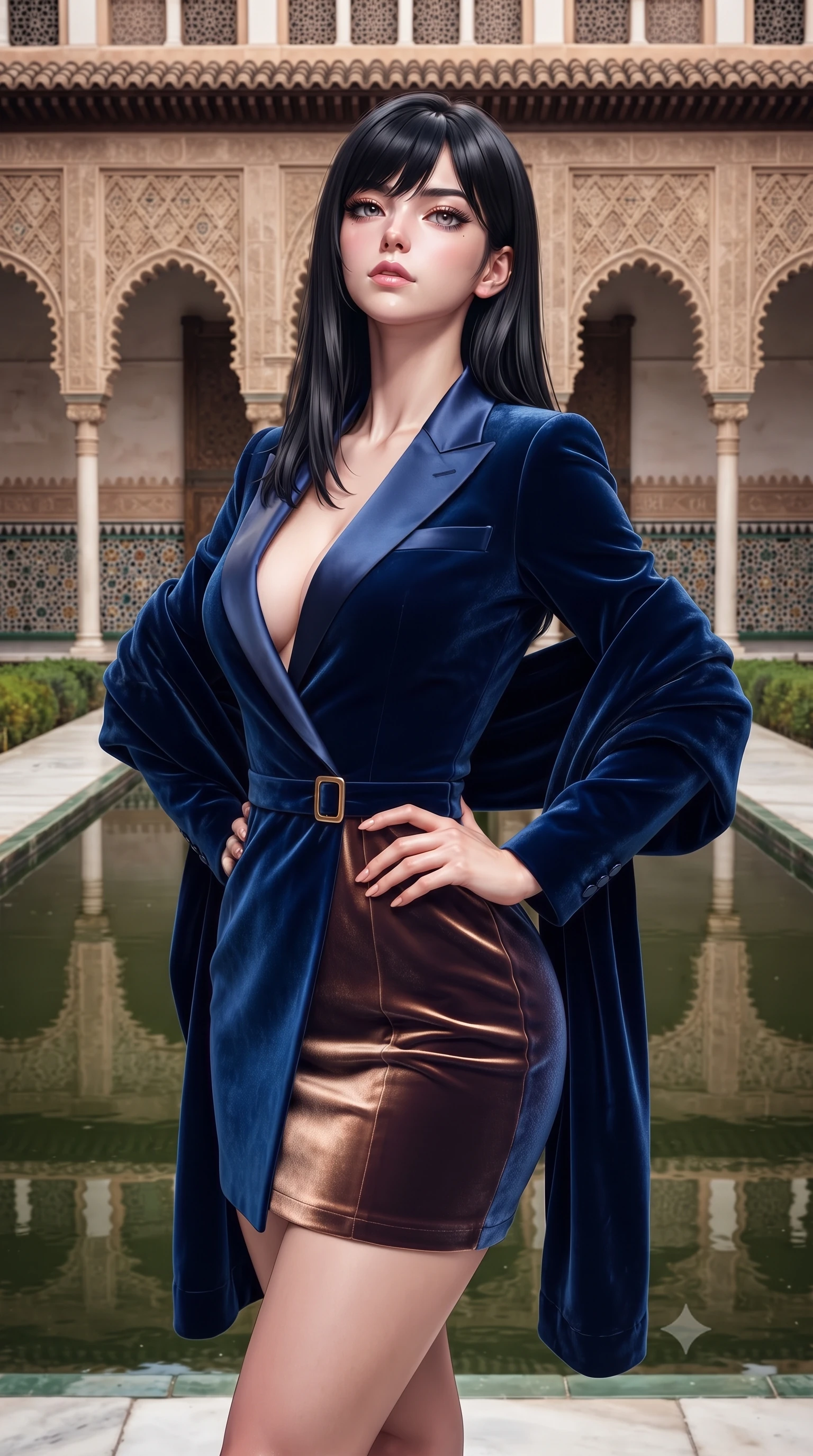 score_9, masterpiece, best quality, ultra-detailed, high-budget anime keyframe, semi-realistic 3D game render, editorial fashion photography, tasteful artistic composition, Caucasian woman. close-up cowboy shot from the waist and thighs up, the character dominates the composition, filling the frame with her large presence. tilting her chin up with proud, sovereign allure while gazing through thick eyelashes, one hand resting on her waist in pure supermodel charisma while standing at the edge of the long sunken reflecting pool, arching her lower back as multi-lobed Moorish plaster arches reflect in mirror-still water. The surrounding environment is rendered in vivid detail and crisp panoramic clarity. sharp geometric zellige tilework, intricate plaster arabesques, and pool water surface tension in deep focus. She has an exceptionally elegant, slender, and willowy female figure with an ultra-slim waist, flat toned midriff, narrow ribcage, and sculpted feminine hips creating an alluring, slim hourglass silhouette without bulk. sharp v-shaped jawline, high-bridge nose, intricate jewel-like eyes with depth, thick eyelashes, glossy parted lips with a natural sheen, intensely captivating and seductive bedroom-eyes expression, flawlessly proportioned anatomical accuracy, strict slender model proportions, natural body alignment, perfectly sculpted long slender limbs, ultra-slim waistline, clean dynamic posture without body distortion. wearing a tailored velvet tuxedo jacket dress with satin lapels, worn with a deep plunge neckline and gold hip buckle in royal sapphire blue and liquid bronze, crafted from heavyweight crushed silk velvet with liquid vintage luster, complemented by a plush velvet shawl draped loosely over her elbows, the glove-like aerodynamic silhouette tightly following the natural contour of her hips and long slender legs with statuesque 8.5-heads elegance. illuminated by soft specular water reflections sharply sculpting her razor-sharp jawline, narrow waist, and curvy hips. highly saturated vibrant anime colors, detailed shading with soft gradients, rich glossy textures, high-contrast stereoscopic depth, volumetric dynamic lighting, master piece, 9:16 ratio