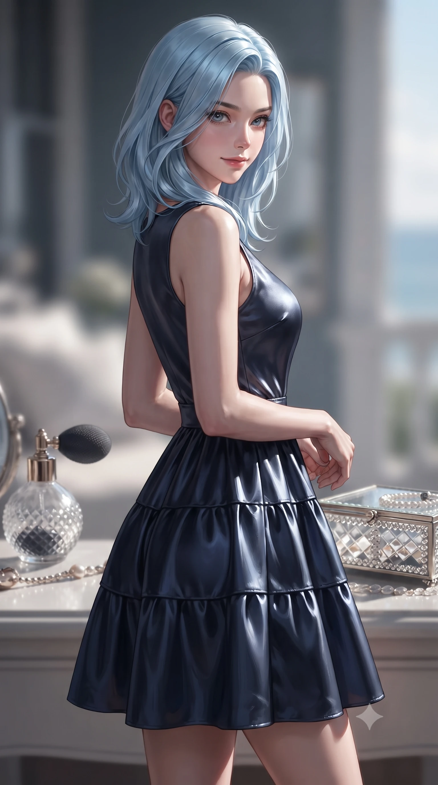 score_9, masterpiece, best quality, ultra-detailed, high-budget anime keyframe, editorial fashion photography, tasteful artistic composition, Korean woman. close-up cowboy shot from the waist and thighs up, the character dominates the composition, filling the frame with her large presence, background elements kept in soft focus. glancing sidelong over her shoulder with an intoxicating, lingering stare and a subtle, knowing smile set against a soft-focus background of inside an exclusive coastal veranda with a vintage perfume atomizer and crystal jewelry box reflecting soft light. She has an exceptionally elegant, slender, and willowy female figure with an ultra-slim waist, a gracefully sculpted slender torso, and a refined silhouette. sharp v-shaped jawline, high-bridge nose, intricate jewel-like eyes with depth, thick eyelashes, glossy lips with a natural sheen. wearing tailored midnight navy liquid satin flowy linen sundress with a comfortable tiered skirt silhouette featuring refined tailored seams. accented by a single dramatic key light highlighting her statuesque posture and slim waist. ultra-reflective glossy finish, specular highlights, metallic sheen, high-contrast stereoscopic depth, volumetric dynamic lighting, 2k, ultra detail, master piece, 9:16 ratio