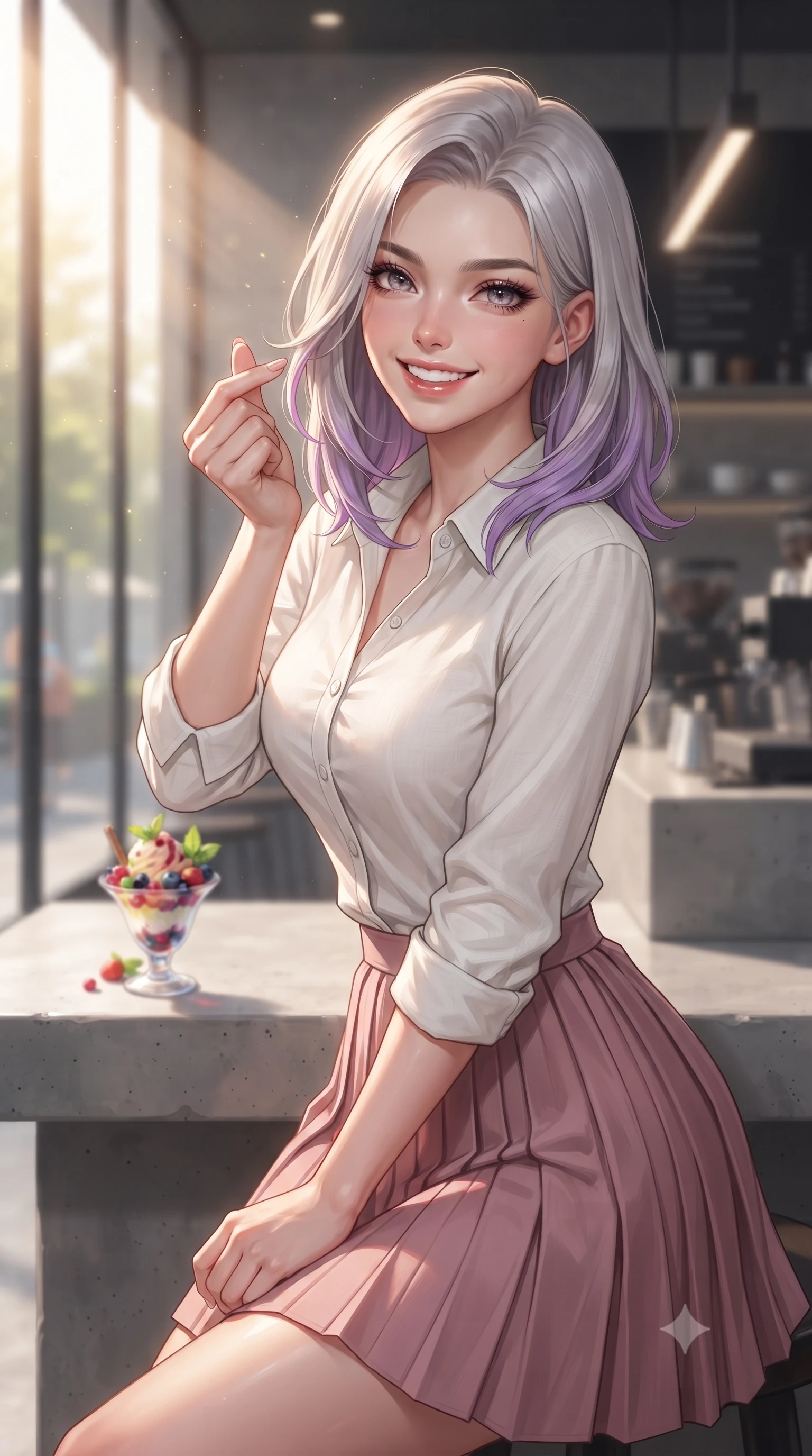 score_9, masterpiece, best quality, ultra-detailed, high-budget anime keyframe, editorial fashion photography, tasteful artistic composition, Caucasian woman. close-up cowboy shot from the waist and thighs up, the character dominates the composition, filling the frame with her large presence, background elements kept in soft focus. flashing a bright, sunny grin, holding her fingers in a cute small heart shape set against a soft-focus background of inside a modern minimalist espresso bar with sleek glass windows and concrete counters holding a colorful ice cream coupe with fresh berries and mint. She has an exceptionally elegant, slender, and willowy female figure with an ultra-slim waist, a gracefully sculpted slender torso, and a refined silhouette. sharp v-shaped jawline, high-bridge nose, intricate jewel-like eyes with depth, thick eyelashes, glossy lips with a natural sheen. wearing body-hugging casual linen button-down shirt in white, paired with a flowy pleated skirt in dusty pink. warm morning sunbeams filtering through the large front glass windows. ultra-reflective glossy finish, specular highlights, metallic sheen, high-contrast stereoscopic depth, volumetric dynamic lighting, 2k, ultra detail, master piece, 9:16 ratio