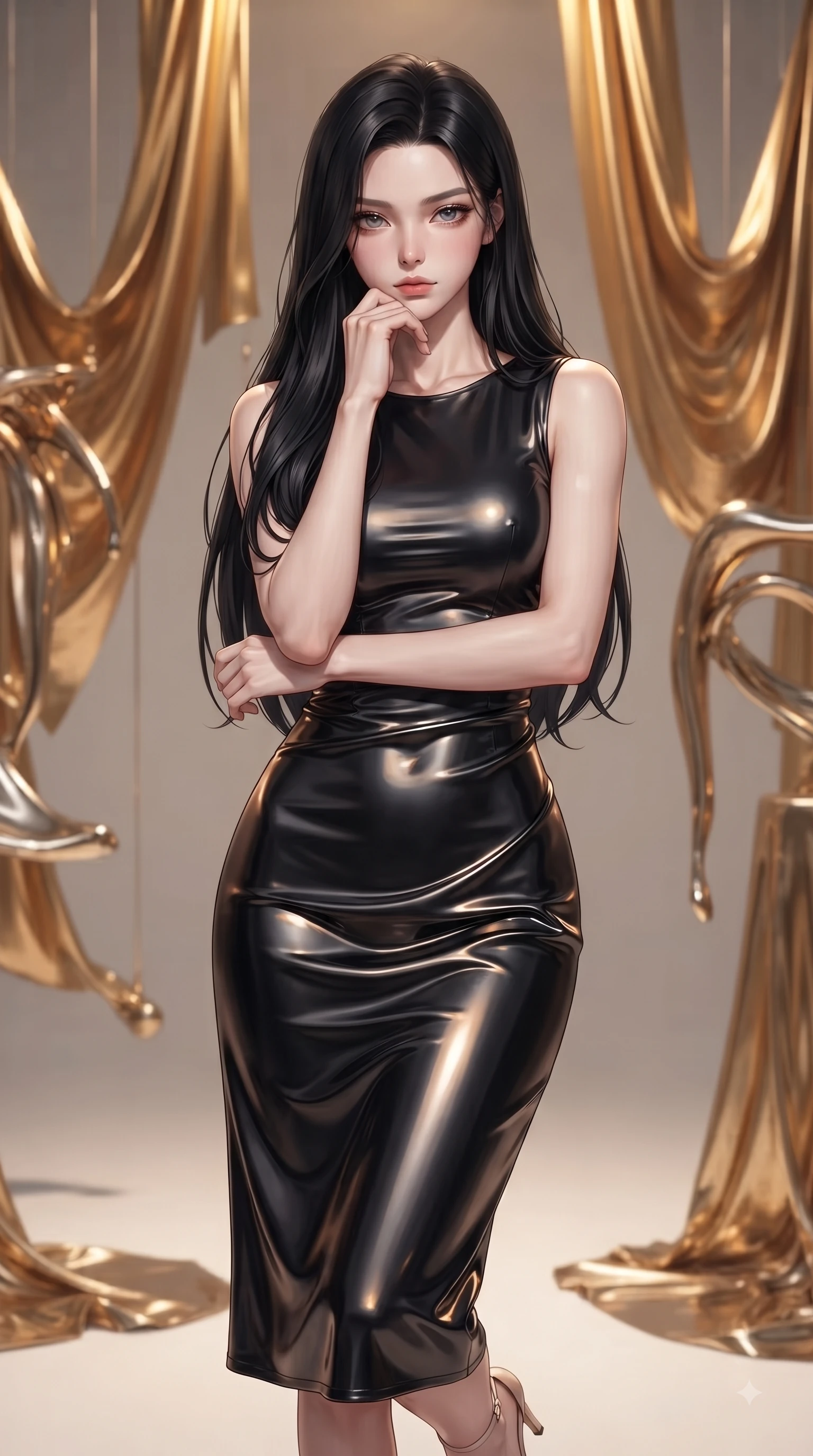 score_9, masterpiece, best quality, ultra-detailed, high-budget anime keyframe, editorial fashion photography, tasteful artistic composition, Korean woman woman. close-up cowboy shot from the waist and thighs up, the character dominates the composition, filling the frame with her large presence, background elements kept in soft focus. She has an exceptionally elegant, slender, and willowy female figure with an ultra-slim waist, a gracefully sculpted slender torso, and a refined silhouette. resting her chin on the back of her fingers in a thoughtful and effortless pose, flawlessly proportioned anatomical accuracy, natural body alignment, perfectly sculpted elegant limbs, clean dynamic posture without body distortion. set against a soft-focus background of an avant-garde art studio with suspended liquid gold drapes. wearing a sleek obsidian liquid silk midi dress with a tight tailored waistline. bathed in warm amber spotlighting creating metallic specular highlights on her form. ultra-reflective glossy finish, specular highlights, metallic sheen, high-contrast stereoscopic depth, volumetric dynamic lighting, 2k, ultra detail, master piece, 9:16 ratio