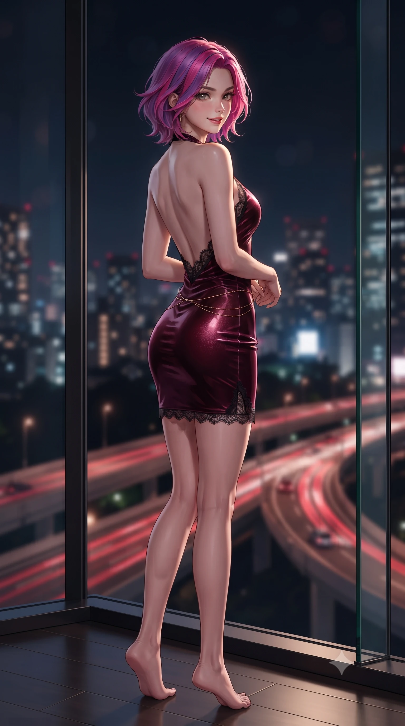 score_9, masterpiece, best quality, ultra-detailed, high-budget anime keyframe, editorial fashion photography, tasteful artistic composition, Caucasian woman. low angle full-body shot from head to toe showing her feet, filling the entire 9:16 vertical frame with her statuesque presence, stretching her vertical silhouette. executing a slow, graceful pivot turn as her skirt sways around her slender legs, glancing back with an enchanting, teasing sensual expression while standing poised beside the floor-to-ceiling panoramic glass bay with hips cocked back, looking over a bare shoulder toward the Shinjuku neon sea. The background shows a soft-focus glittering sea of Tokyo night skyscrapers, moving red vehicle light trails on expressway overpasses, and dark night sky blurred into ruby, obsidian, and platinum bokeh. She has an absolutely perfect, statuesque 8.5-heads proportion, an exceptionally tall and slender model-like female figure with impossibly long slender legs, an ultra-slim waist, a flat toned midriff, narrow delicate ribcage, and beautifully sculpted feminine hips creating a graceful, slim hourglass silhouette without any bulky heaviness. sharp v-shaped jawline, high-bridge nose, sparkling eyes with hypnotic seductive depth, thick curled eyelashes, glossy parted lips with a natural dewy peach sheen, alluring bedroom-eyes with an enchanting coquettish smile, exuding magnetic siren charisma and sophisticated glamour, flawlessly proportioned anatomical accuracy, strict slender model proportions, natural body alignment, perfectly sculpted long slender limbs, ultra-slim waistline, clean dynamic posture without body distortion. wearing a slinky backless halterneck column mini dress in shimmering liquid vinyl clinging like a second skin in deep bordeaux velvet and delicate black chantilly, tailored from ultra-plush velvet with rich tactile depth and deep shadow gradients, accented with a dainty gold belly chain resting across her flat midriff and curving hips, the second-skin tailored fabric adhering flawlessly to her sculpted flat midriff and slender torso, emphasizing her long leg lines and perfectly proportioned willowy build. illuminated by black lacquer reflection bounce and sharp platinum-gold rim lights sculpting her jawline, narrow waist, and curvy hips. ultra-reflective glossy finish, specular highlights, rich textural contrasts, high-contrast stereoscopic depth, volumetric dynamic lighting, 2k, ultra detail, master piece, 9:16 ratio