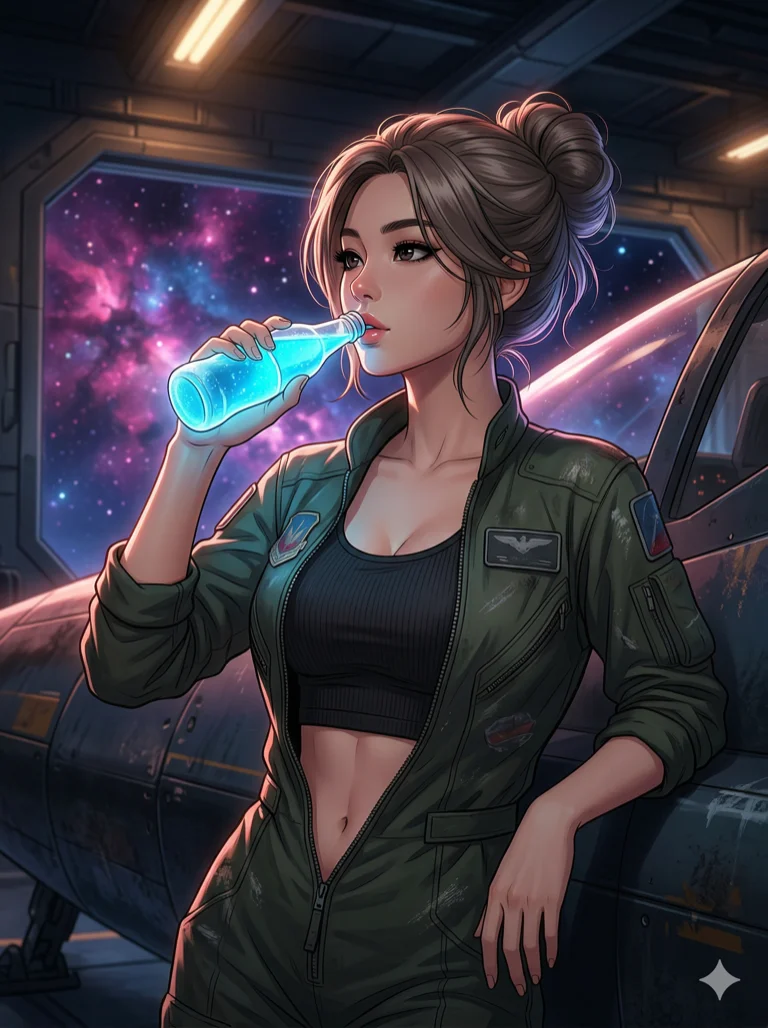 score_9, masterpiece, best quality, ultra-detailed, highend animation keyframe, an incredibly beautiful Korean woman. Medium shot of upper body filling the frame. She is a rogue pilot in a nebula-filled space station, leaning against her starfighter while drinking a glowing soda. She has an absolutely perfect 8-heads proportion, an exceptionally tall female figure with a slim-fit toned body and subtle abs. Her face is a highly detailed masterpiece featuring a v-shaped jawline, high-bridge nose, intricate jewel-like eyes, thick eyelashes, and glossy lips. She has ash brown flowing hair in a messy bun. She is wearing an unzipped deeply pilot jumpsuit with a sensual midriff, highlighting her alluring silhouette. Cosmic nebula light through the hangar window, dramatic rim lighting, radiant glowing skin, cinematic dynamic light, 2k, ultra detail, master piece, 3:4 ratio