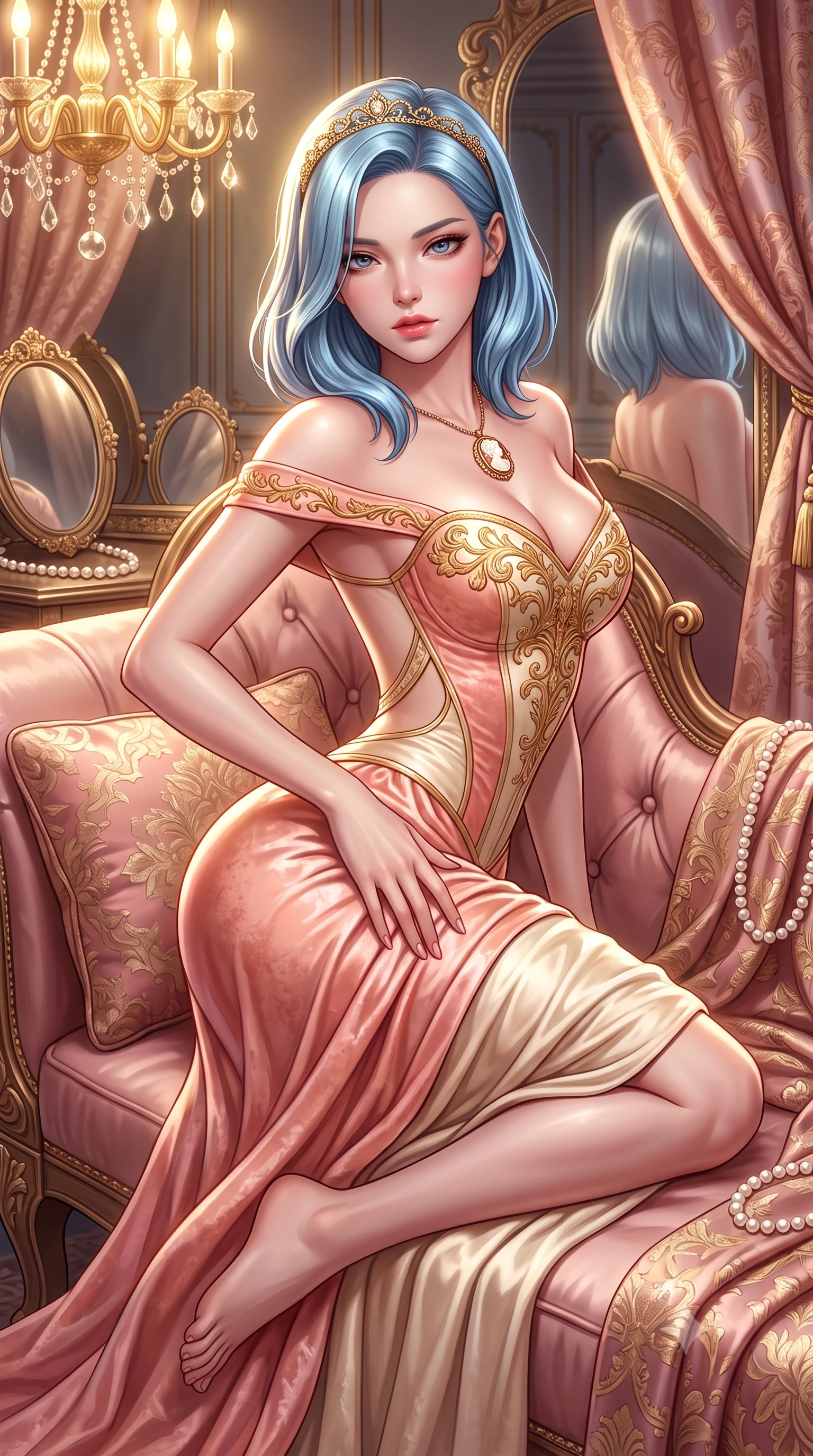 score_9, masterpiece, best quality, ultra-detailed, high-budget anime keyframe, semi-realistic 3D game render, editorial fashion photography, tasteful artistic composition, Korean woman. close-up cowboy shot from the waist and thighs up, the character dominates the composition, filling the frame with her large presence. arching her spine backward with effortless dancer poise, one hand sliding along her hip line as directional light carves specular highlights along her silhouette while reclining on an antique blush silk chaise lounge with one knee drawn up, the dramatic contour of her rounded hips commanding the frame. The surrounding environment is rendered in vivid detail and crisp panoramic clarity. detailed silk brocade patterns, antique mirror bevels, and pearl jewelry luster in high resolution. She has an exceptionally elegant, slender, and willowy female figure with an ultra-slim waist, a gracefully sculpted slender torso, toned flat midriff, and rounded feminine hips creating an alluring hourglass silhouette. sharp v-shaped jawline, high-bridge nose, intricate jewel-like eyes with depth, thick eyelashes, glossy parted lips with a natural sheen, intensely captivating and seductive bedroom-eyes expression, flawlessly proportioned anatomical accuracy, strict slender model proportions, natural body alignment, perfectly sculpted long slender limbs, ultra-slim waistline, clean dynamic posture without body distortion. wearing a baroque gold-embroidered bustier gown with exposed clavicle and sculpted hip boning in soft peach blossom pink and warm cream, crafted from heavyweight crushed silk velvet with liquid luster, complemented by a delicate golden tiara headband and carved cameo pendant, the precision-cut side openings and low-back scoop framing her graceful spine and the sensual sweep of her hips. bathed in radiant golden chandelier illumination and multi-directional mirror reflections. highly saturated vibrant anime colors, detailed shading with soft gradients, rich glossy textures, high-contrast stereoscopic depth, volumetric dynamic lighting, master piece, 9:16 ratio
