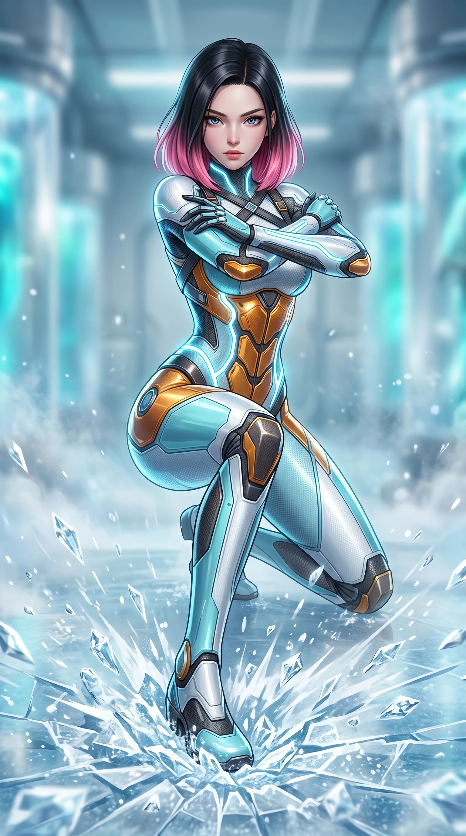 score_9, masterpiece, best quality, ultra-detailed, high-budget anime keyframe, semi-realistic 3D game render, editorial fashion photography, tasteful artistic composition, Korean woman. close-up cowboy shot from the waist and thighs up, the character dominates the composition, filling the frame with her large presence. shifting into a low cat-stance with arms crossed defensively, glowing energy conduits tracing her ultra-slim waist and sculpted clavicle while stomping forcefully onto the frozen laboratory floor, sending a radial shockwave of shattered ice and diamond frost across the room. The composition keeps background elements in soft focus with creamy bokeh. drifting cryogenic frost vapor and frozen glass pods blurred into radiant cyan, silver, and pale blue bokeh. She has an exceptionally elegant, slender, and willowy female figure with an ultra-slim waist, a gracefully sculpted slender torso, toned flat midriff, and a refined slim silhouette. sharp v-shaped jawline, high-bridge nose, intricate jewel-like eyes with depth, thick eyelashes, glossy lips with a natural sheen, flawlessly proportioned anatomical accuracy, strict slender model proportions, natural body alignment, perfectly sculpted long slender limbs, ultra-slim waistline, clean dynamic posture without body distortion. wearing an ultra-sleek glacial-cyan and white carbon-mesh combat bodysuit with frost-resistant kinetic shock-absorber plating in molten amber-gold carbon cuirass with dark titanium weave, made of lightweight aerodynamic carbon-titanium alloy with polished edge bevels, complemented by criss-cross back harness straps highlighting her completely bare spine, the glove-like aerodynamic second-skin fit tightly clinging to her ultra-slender waist and athletic curves without adding bulk, accentuating her razor-sharp statuesque lines and slim hourglass silhouette. illuminated by crisp specular ice refractions outlining her ultra-slim waist, long legs, and flat midriff. rich saturated anime colors with glowing neon highlights, detailed shading with soft gradients, rich glossy textures, high-contrast stereoscopic depth, volumetric dynamic lighting, master piece, 9:16 ratio