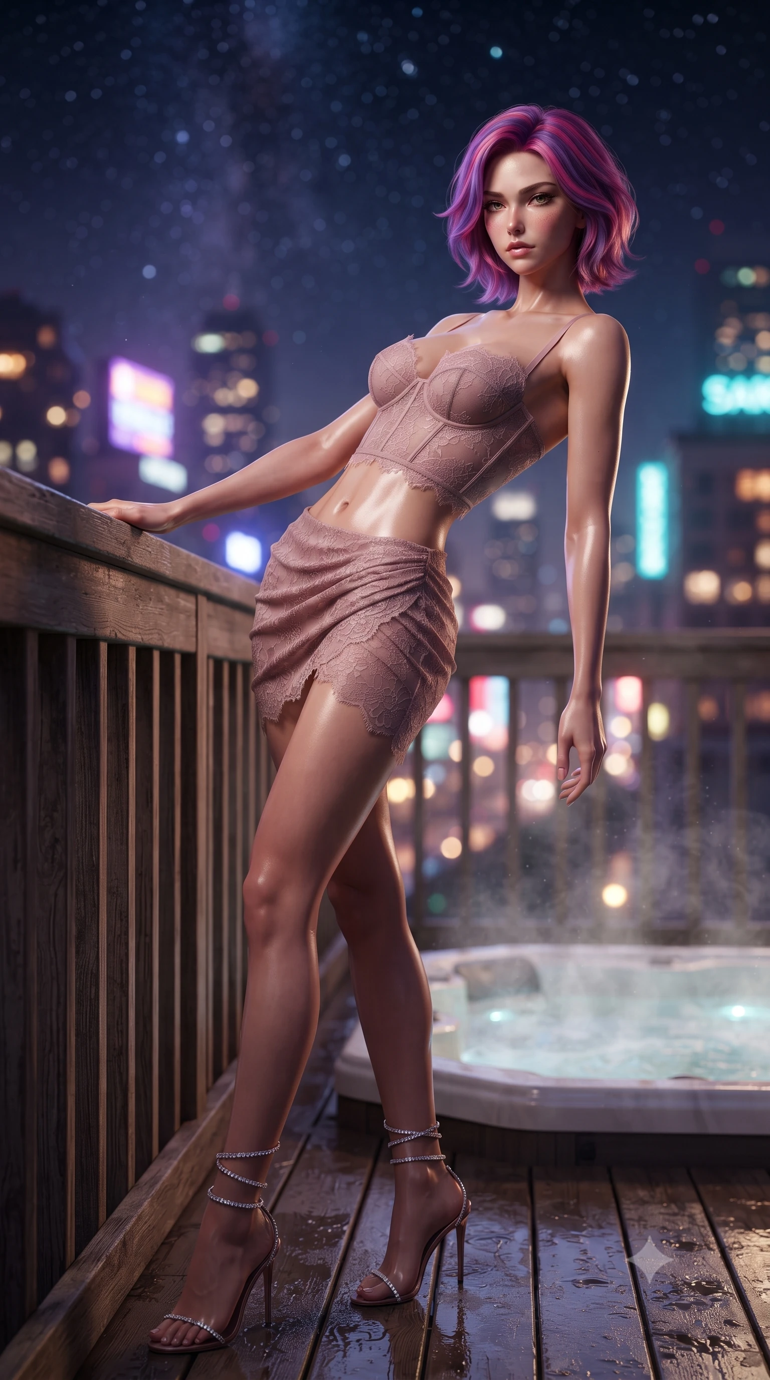 score_9, masterpiece, best quality, ultra-detailed, high-budget anime keyframe, editorial fashion photography, tasteful artistic composition, Caucasian woman. low angle full-body shot from head to toe showing her feet, filling the entire 9:16 vertical frame with her statuesque presence, stretching her vertical silhouette. leaning deep against the balcony balustrade with hips cocked back in an unapologetically alluring high-fashion stance, casting an intoxicating glance over the moonlit horizon while standing poised on the wet cedar wood deck beside the steaming hot tub, arching her back with athletic siren grace under the open night sky. The background shows a soft-focus the sparkling tapestry of metropolitan city lights, neon signage, and starry night sky blurred into violet, amber, and aquamarine bokeh. She has an absolutely perfect, statuesque 8.5-heads proportion, an exceptionally tall and slender model-like female figure with impossibly long slender legs, an ultra-slim waist, a flat toned midriff, narrow delicate ribcage, and beautifully sculpted feminine hips creating a graceful, slim hourglass silhouette without any bulky heaviness. sharp v-shaped jawline, high-bridge nose, sparkling eyes with hypnotic seductive depth, thick curled eyelashes, glossy parted lips with a natural dewy peach sheen, alluring bedroom-eyes with an enchanting coquettish smile, exuding magnetic siren charisma and sophisticated high-fashion glamour, flawlessly proportioned anatomical accuracy, strict slender model proportions, natural body alignment, perfectly sculpted long slender limbs, ultra-slim waistline, clean dynamic posture without body distortion. wearing a sculpted underwire demi-bustier in semi-sheer lace paired with an ultra-short draped tulip skirt in dusky blush pink and warm ivory lace, made of delicate semi-sheer French Chantilly lace with intricate eyelash edges, complemented by strappy stiletto sandals with crystal ankle wraps accentuating her slender calves, the second-skin tailored fabric adhering flawlessly to her sculpted flat midriff and slender torso, emphasizing her long leg lines and perfectly proportioned willowy build. bathed in warm underwater tub LED glow combined with celestial starry night ambient fill. ultra-reflective glossy finish, specular highlights, rich textural contrasts, high-contrast stereoscopic depth, volumetric dynamic lighting, 2k, ultra detail, master piece, 9:16 ratio