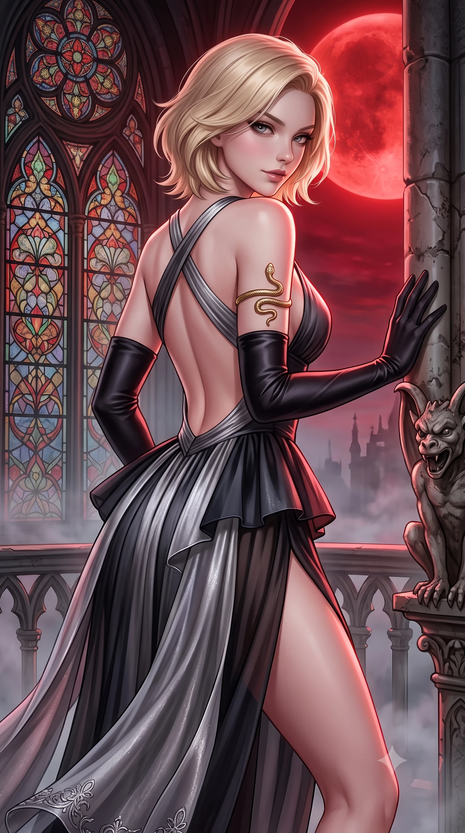 score_9, masterpiece, best quality, ultra-detailed, high-budget anime keyframe, semi-realistic 3D game render, editorial fashion photography, tasteful artistic composition, Caucasian woman. close-up cowboy shot from the waist and thighs up, the character dominates the composition, filling the frame with her large presence. leaning forward toward the camera with playful, breathtaking intimacy, eyes locked onto the viewer with irresistible charisma while resting one hand against a weathered gargoyle balustrade, looking back over her shoulder with an aloof, sovereign smirk. The surrounding environment is rendered in vivid detail and crisp panoramic clarity. detailed leaded stained-glass patterns, silk dress hem embroidery, and mist layers in high resolution. She has an exceptionally elegant, slender, and willowy female figure with an ultra-slim waist, a gracefully sculpted slender torso, toned flat midriff, and a refined slim silhouette. sharp v-shaped jawline, high-bridge nose, intricate jewel-like eyes with depth, thick eyelashes, glossy parted lips with a natural sheen, intensely captivating and seductive expression, flawlessly proportioned anatomical accuracy, strict slender model proportions, natural body alignment, perfectly sculpted long slender limbs, ultra-slim waistline, clean dynamic posture without body distortion. wearing an architectural peplum corset dress with crossed back straps and a high side slit in raven black and shimmering silver mercury, woven from layered gossamer chiffon with a weightless sweeping drape, accessorized with opera-length black satin gloves and gold serpent armlet, the dramatically scooped open back descending to the base of her spine, accentuating her razor-sharp statuesque lines and slim hourglass silhouette. bathed in surreal blood-red lunar eclipse backlighting and cool silver ambient fill. highly saturated vibrant anime colors, detailed shading with soft gradients, rich glossy textures, high-contrast stereoscopic depth, volumetric dynamic lighting, master piece, 9:16 ratio