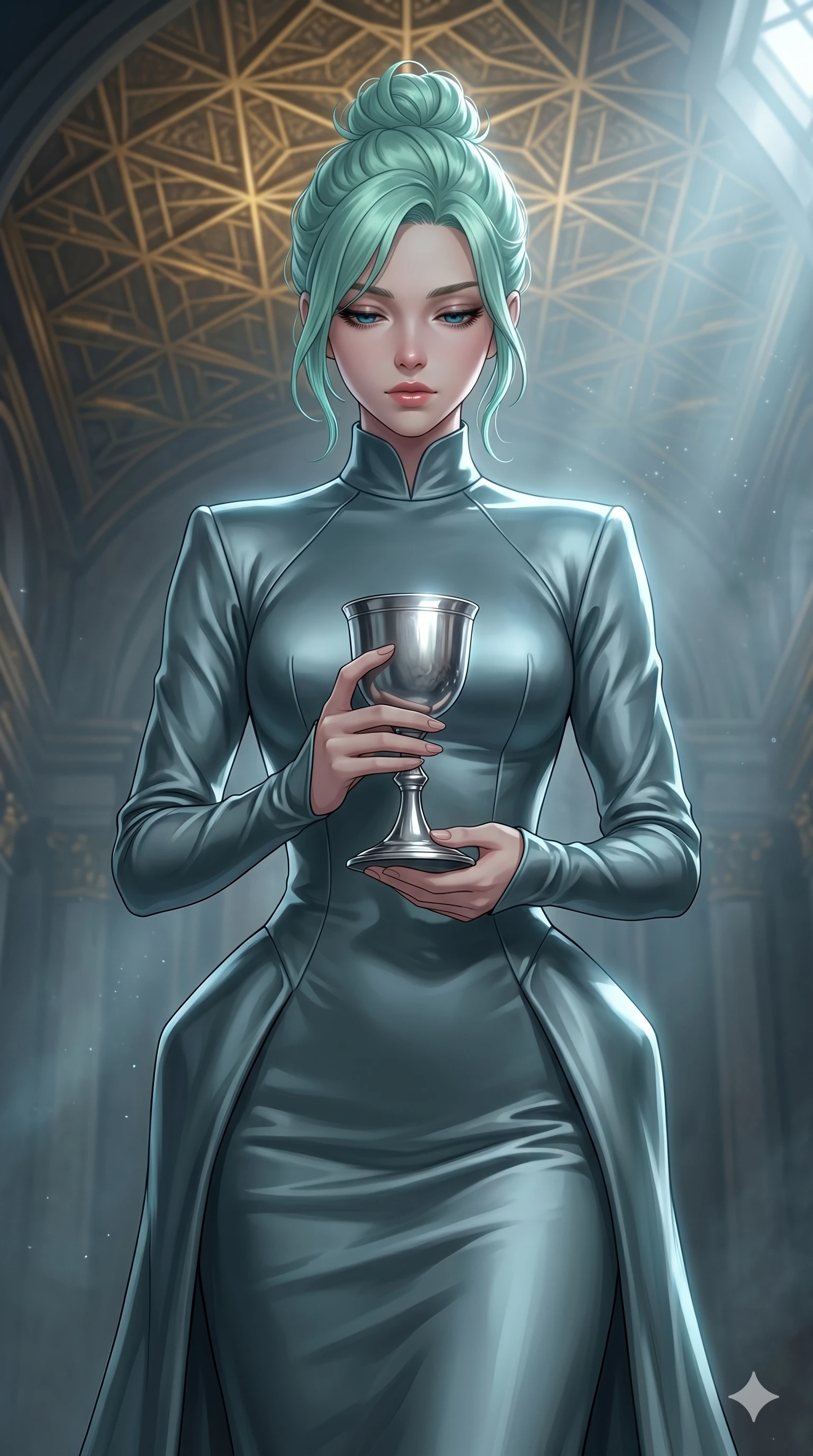 score_9, masterpiece, best quality, ultra-detailed, high-budget anime keyframe, editorial fashion photography, tasteful artistic composition, Japanese woman. cowboy shot from the thighs up, character and outfit filling the frame for maximum editorial presence. holding a silver chalice, looking down with lowered lashes in a composed, powerful gesture inside a mathematical temple with golden geometric ceiling patterns (Code-P17-049). She has an absolutely perfect 8-heads proportion, an exceptionally tall and slender female figure with impossibly long slender legs and an ultra-slim waist. V-shaped jawline, high-bridge nose, intricate jewel-like eyes with depth, thick eyelashes, glossy lips with a natural sheen. wearing a structured high-neck heavy satin gown with long sleeves. cool silver moonlight filtered through the mist, creating a dramatic, ethereal rim light. 2k, ultra detail, master piece, 9:16 ratio