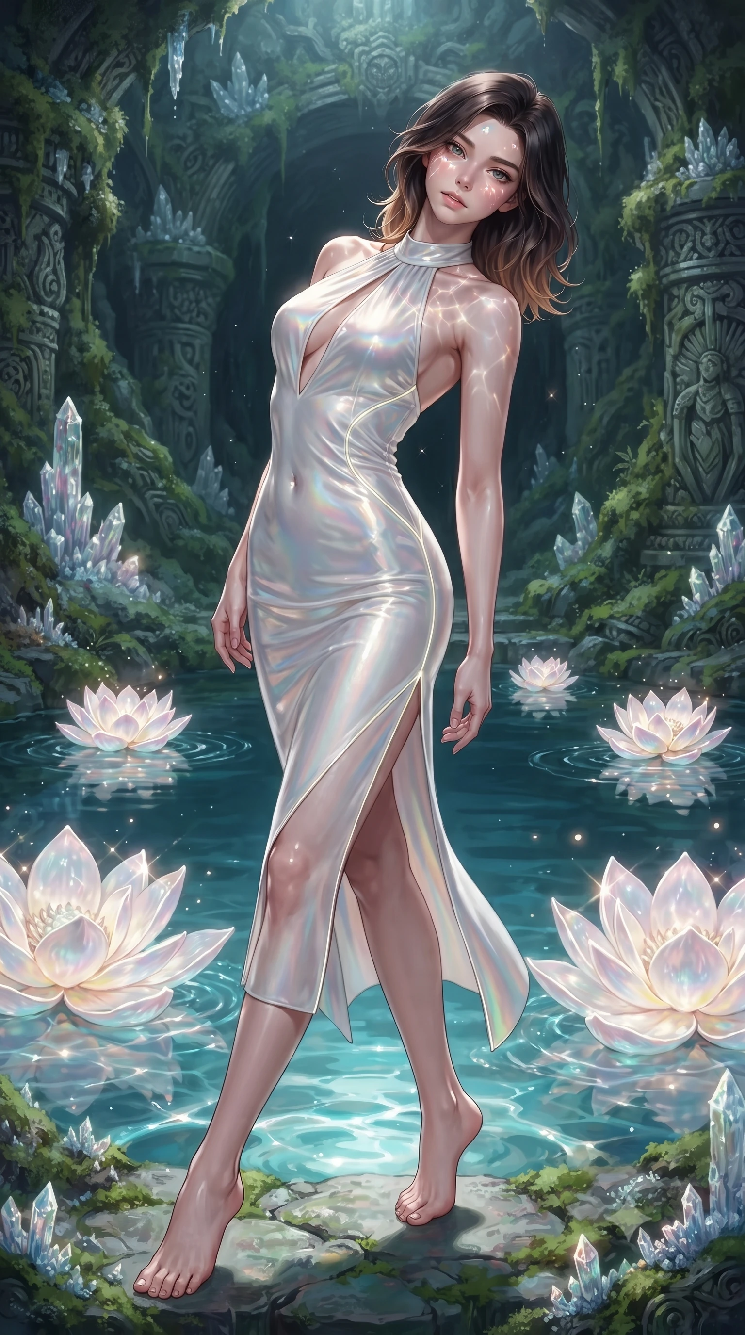 score_9, masterpiece, best quality, ultra-detailed, high-budget anime keyframe, editorial fashion photography, tasteful artistic composition, Korean woman. low angle full-body shot from head to toe showing her feet, filling the entire 9:16 vertical frame with her statuesque presence, stretching her vertical silhouette. arching her back in a fluid zero-gravity turn with sovereign grace, her long slender legs and sculpted torso creating a sweeping line while reclining along the edge of a sacred pool as gigantic glowing pearl lotus petals ripple light across her bare shoulders. The surrounding environment is rendered in vivid detail and crisp panoramic clarity. intricate pearl lotus petal textures, crystal-clear water pool ripples, and mossy grotto walls in deep focus. She has an absolutely perfect, statuesque 8.5-heads proportion, an exceptionally tall and slender model-like female figure with impossibly long slender legs, a toned flat midriff, and an ultra-slim waist. sharp v-shaped jawline, high-bridge nose, intricate jewel-like eyes with depth, thick eyelashes, glossy lips with a natural sheen, flawlessly proportioned anatomical accuracy, strict slender model proportions, natural body alignment, perfectly sculpted long slender limbs, ultra-slim waistline, clean dynamic posture without body distortion. wearing a velvet halter-neck midi dress fitting her statuesque contour flawlessly with a Tasteful chest slit and open spine in glistening liquid pearl white with rainbow opalescence, made of smooth iridescent silk chiffon that shifts colors with movement, accented with glowing fiber-optic seams tracing her collarbones and hip curves, the precision-cut daring openings accentuating her delicate midriff, graceful bare collarbones, and ultra-slim feminine waistline. illuminated by soft glowing pearl lotus uplights and sparkling specular highlights tracing her curves. ultra-reflective glossy finish, specular highlights, metallic sheen, high-contrast stereoscopic depth, volumetric dynamic lighting, 2k, ultra detail, master piece, 9:16 ratio