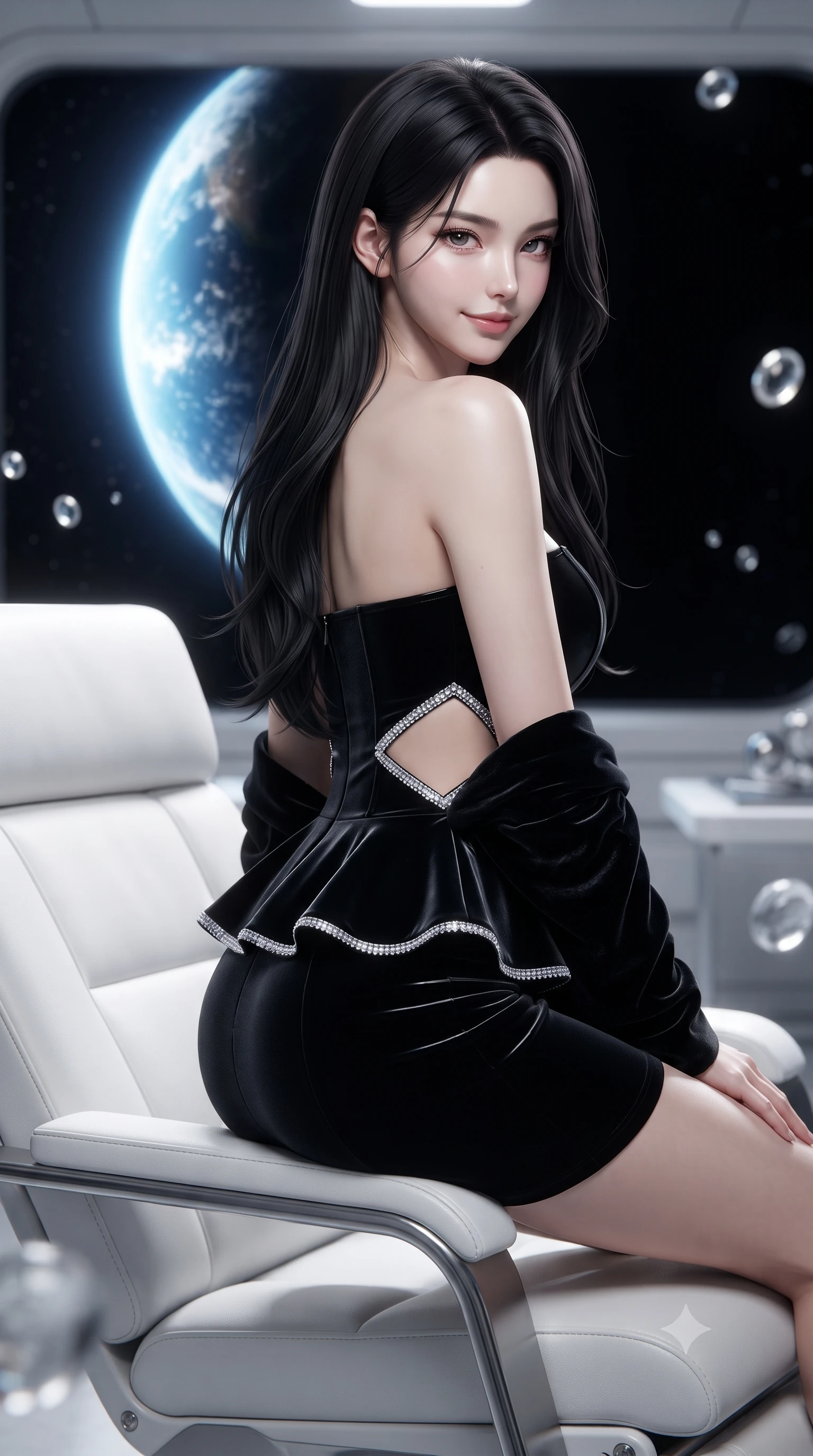 score_9, masterpiece, best quality, ultra-detailed, high-budget anime keyframe, editorial fashion photography, tasteful artistic composition, Korean woman. close-up cowboy shot from the waist and thighs up, the character dominates the composition, filling the frame with her large presence. turning over a bare shoulder with an intoxicating, teasing smile, her soft hair framing her sharp jawline as her hips angle gracefully while perching on the armrest of an aerodynamic white leather zero-gravity lounger, arching her lower back as the glowing crescent Earth rises majestically in the black cosmic viewport. The composition keeps background elements in soft focus with creamy bokeh. floating zero-gravity droplets and sleek lunar base habitat gantries softened in glamorous sci-fi shallow focus. She has an exceptionally elegant, slender, and willowy female figure with an ultra-slim waist, flat toned midriff, narrow ribcage, and sculpted feminine hips creating an alluring, slim hourglass silhouette without bulk. sharp v-shaped jawline, high-bridge nose, intricate jewel-like eyes with depth, thick eyelashes, glossy parted lips with a natural sheen, intensely captivating and seductive bedroom-eyes expression, flawlessly proportioned anatomical accuracy, strict slender model proportions, natural body alignment, perfectly sculpted long slender limbs, ultra-slim waistline, clean dynamic posture without body distortion. wearing a modern peplum corset dress with side-waist diamond cutouts and an ultra-tight silhouette in pitch-black velvet with diamond crystal trim, tailored from second-skin aerodynamic stretch vinyl with specular wet sheen, complemented by a plush velvet shawl draped loosely over her elbows, the liquid-tight tailored fabric clinging flawlessly to her narrow waist and rounded feminine hips, emphasizing every millimeter of her sculpted slim hourglass curves without any bulky heaviness. illuminated by crisp directional cosmic starlight sharply defining her sculpted clavicle, ultra-slim waist, and curvy hips. ultra-reflective glossy finish, specular highlights, rich textural contrasts, high-contrast stereoscopic depth, volumetric dynamic lighting, 2k, ultra detail, master piece, 9:16 ratio