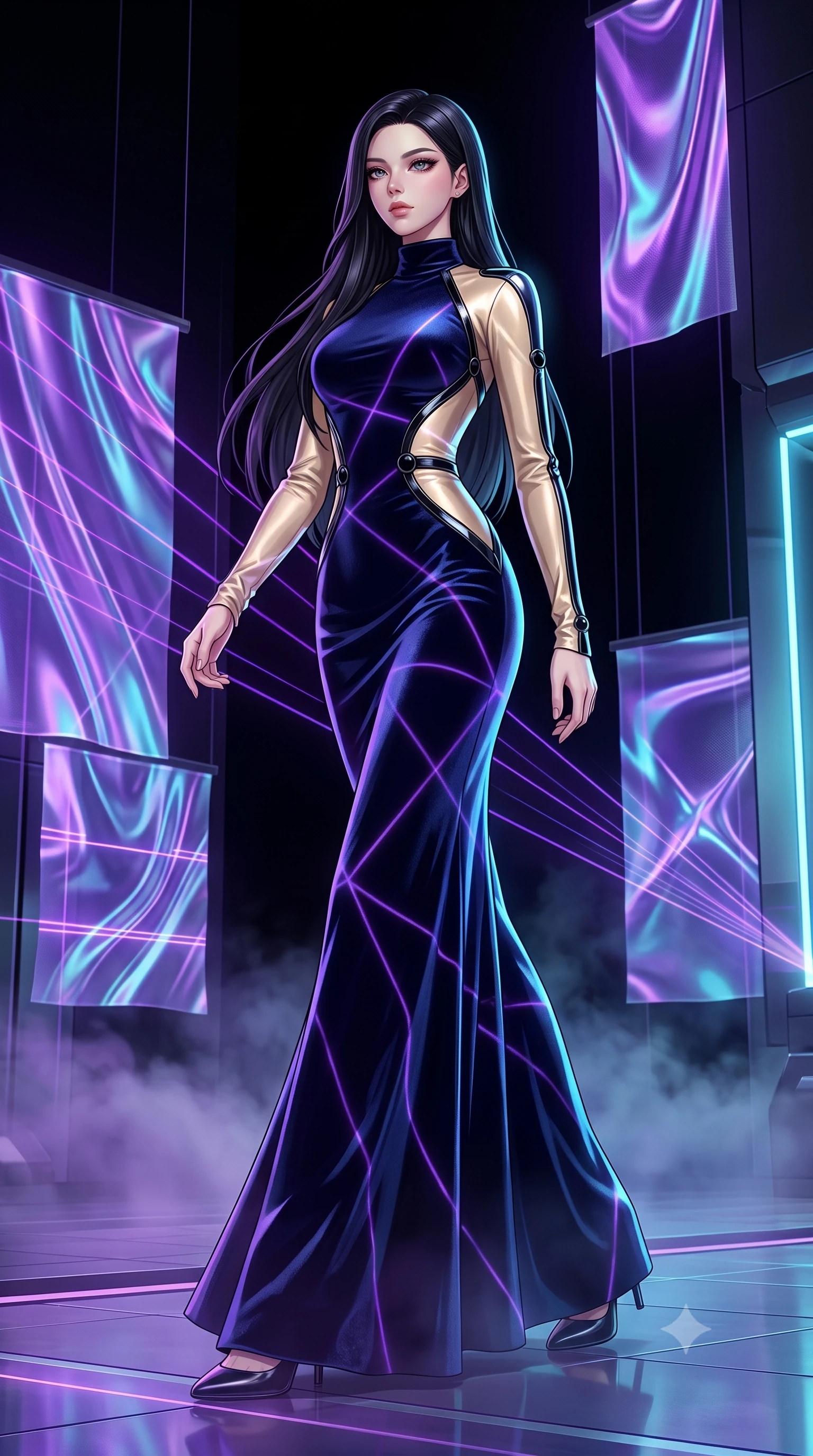 score_9, masterpiece, best quality, ultra-detailed, high-budget anime keyframe, editorial fashion photography, tasteful artistic composition, Korean woman. low angle full-body shot from head to toe showing her feet, filling the entire 9:16 vertical frame with her statuesque presence, stretching her vertical silhouette. forging confidently through the floating mist, holding a poised statuesque stance, standing in a high-tech apartment filled with floating holographic silk tapestries, laser grid lines casting geometric violet patterns across her sleek gown. She has an absolutely perfect, statuesque 8.5-heads proportion, an exceptionally tall and slender model-like female figure with impossibly long slender legs and an ultra-slim waist. sharp v-shaped jawline, high-bridge nose, intricate jewel-like eyes with depth, thick eyelashes, glossy lips with a natural sheen. wearing floor-length high-neck midnight navy velvet gown with long sleeves in champagne gold, made of sculpted obsidian metallic chrome, adorned with minimalist black onyx hardware framing the silhouette, accentuating her gracefully sculpted slender torso. illuminated by dark violet and cyan holographic light rays against a black void. highly saturated vibrant anime colors, detailed shading with soft gradients, rich glossy textures, high-contrast stereoscopic depth, volumetric dynamic lighting, master piece, 9:16 ratio