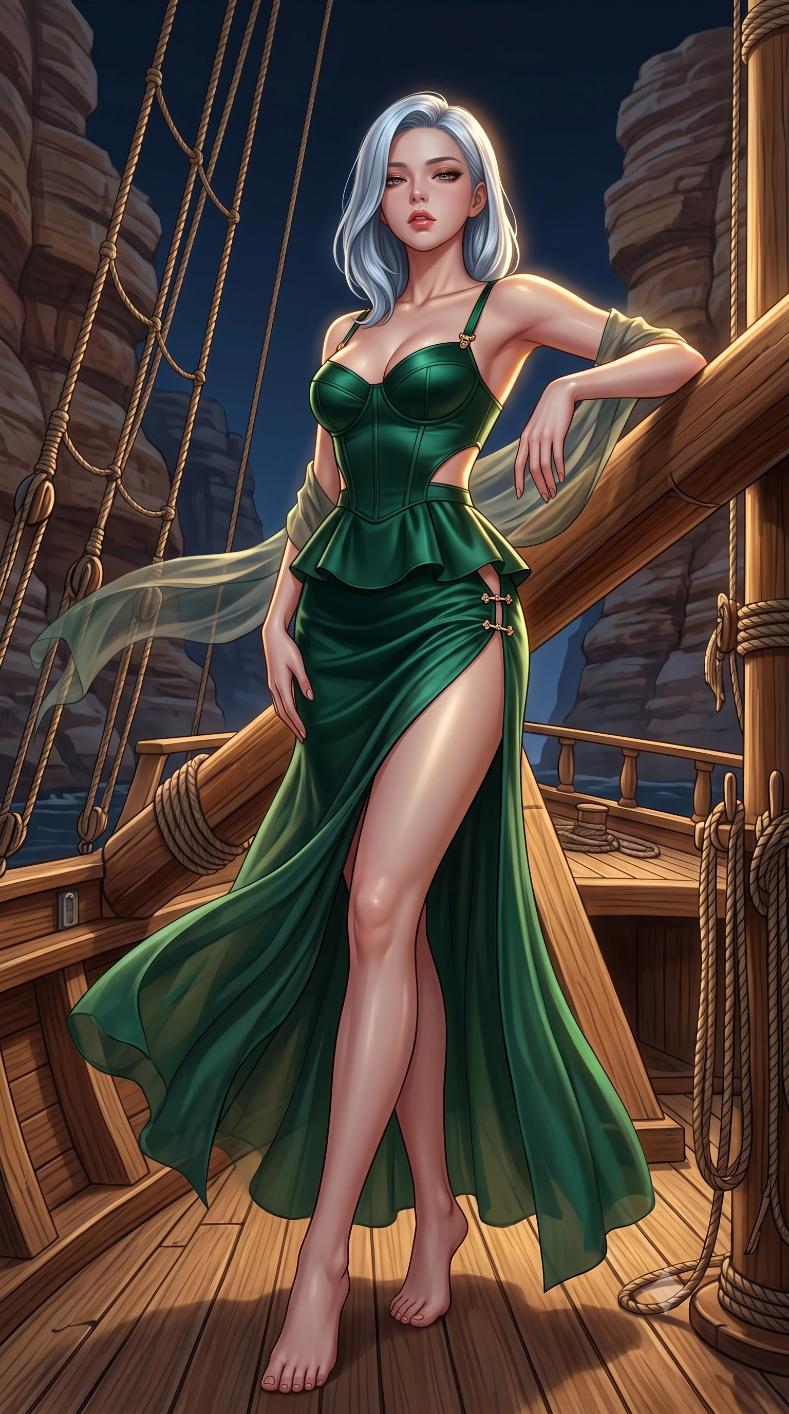score_9, masterpiece, best quality, ultra-detailed, high-budget anime keyframe, semi-realistic 3D game render, editorial fashion photography, tasteful artistic composition, Korean woman. low angle full-body shot from head to toe showing her feet, filling the entire 9:16 vertical frame with her statuesque presence, stretching her vertical silhouette. leaning deep against the structural architecture with hips cocked in an unapologetically bold, seductive high-fashion stance while standing poised on the bowsprit deck with night winds billowing her sheer silk wrap, long slender legs and narrow waist commanded by cliffs. The surrounding environment is rendered in vivid detail and crisp panoramic clarity. sharp teak ship deck caulking, nautical rope rigging, and fjord sandstone strata in deep focus. She has an exceptionally tall and slender model-like 8.5-heads proportion, an ultra-slim waist, a flat toned midriff, narrow delicate ribcage, and beautifully sculpted feminine hips creating a graceful, slim hourglass silhouette without any bulky heaviness, with impossibly long slender legs. sharp v-shaped jawline, high-bridge nose, intricate jewel-like eyes with depth, thick eyelashes, glossy parted lips with a natural sheen, intensely captivating and seductive bedroom-eyes expression, flawlessly proportioned anatomical accuracy, strict slender model proportions, natural body alignment, perfectly sculpted long slender limbs, ultra-slim waistline, clean dynamic posture without body distortion. wearing a modern peplum corset dress with side-waist diamond cutouts and an ultra-tight silhouette in deep emerald green satin and gold hardware, woven from layered gossamer chiffon with a weightless sweeping drape, finished with an ultra-high side slit secured by miniature jeweled clasps, the glove-like aerodynamic silhouette tightly following the natural contour of her hips and long slender legs with statuesque 8.5-heads elegance. illuminated by intense golden specular reflections sculpting her bare collarbones, ultra-slim waist, and curvy hips. highly saturated vibrant anime colors, detailed shading with soft gradients, rich glossy textures, high-contrast stereoscopic depth, volumetric dynamic lighting, master piece, 9:16 ratio