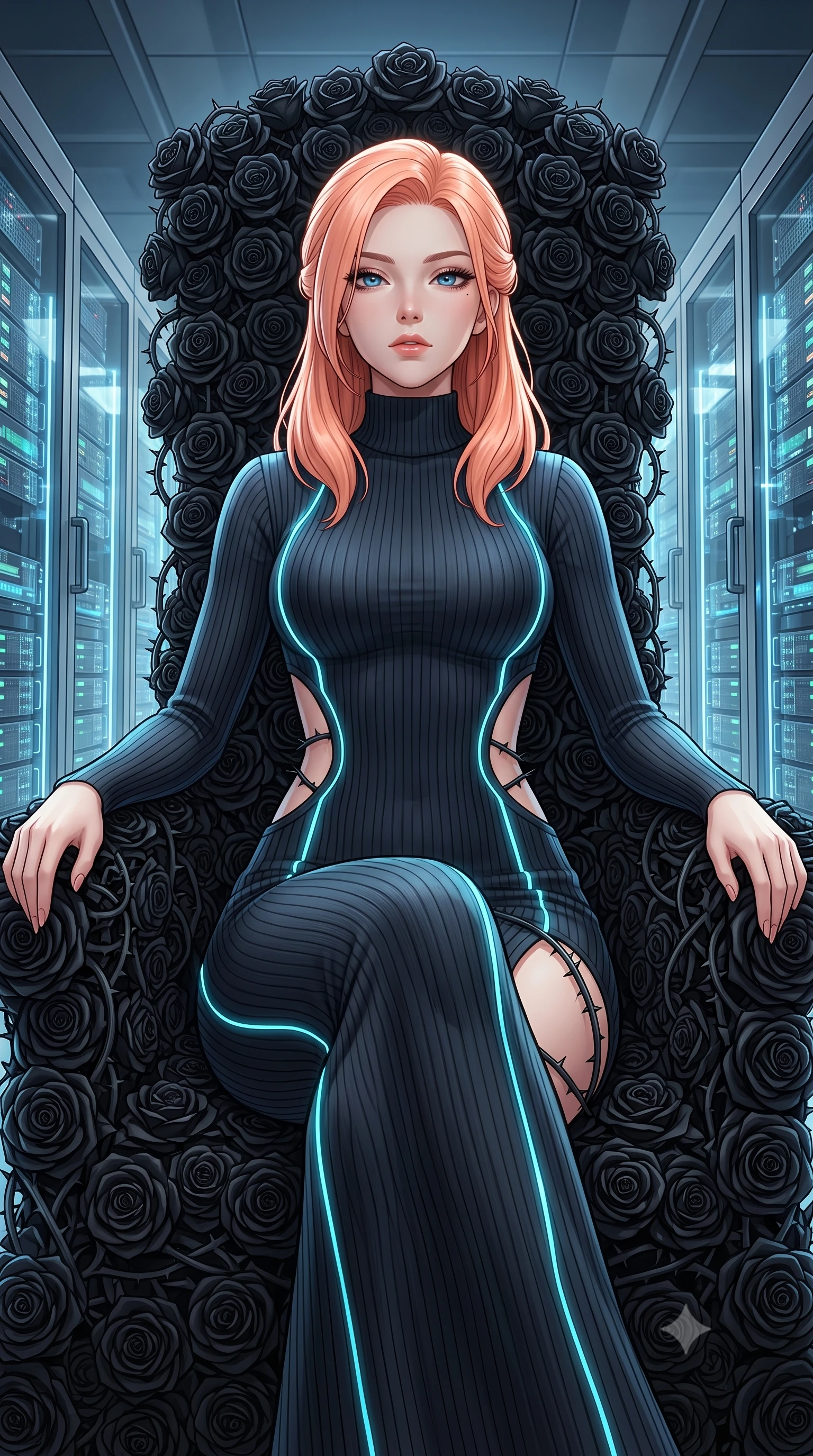 score_9, masterpiece, best quality, ultra-detailed, High-budget Anime Keyframe, East Asian woman. Low angle cowboy shot filling the entire 9:16 frame with her statuesque presence. Scenario 324: resting on a throne of black roses, thorns grazing her skin, in a high-tech laboratory with rows of water-cooled server racks. Her presence is magnetic and overpowering in this high-budget anime scene. Outfit 324: a body-hugging ribbed bodycon knit dangerous with a strategic side cut-outs and glowing LED seams. The clothing is designed to emphasize her exceptionally tall and slender 8-heads proportion. 8-heads proportion, towering silhouette, ultra-slim waist. sharp v-shaped jawline, intricate jewel-like eyes with depth, thick eyelashes, glossy lips. 2k, ultra detail, master piece, 9:16 ratio