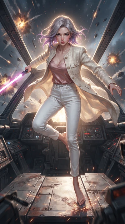 score_9, masterpiece, best quality, ultra-detailed, high-budget anime keyframe, editorial fashion photography, tasteful artistic composition, realistic cosplay photography, Caucasian woman, strictly human ears. low angle full-body shot from head to t