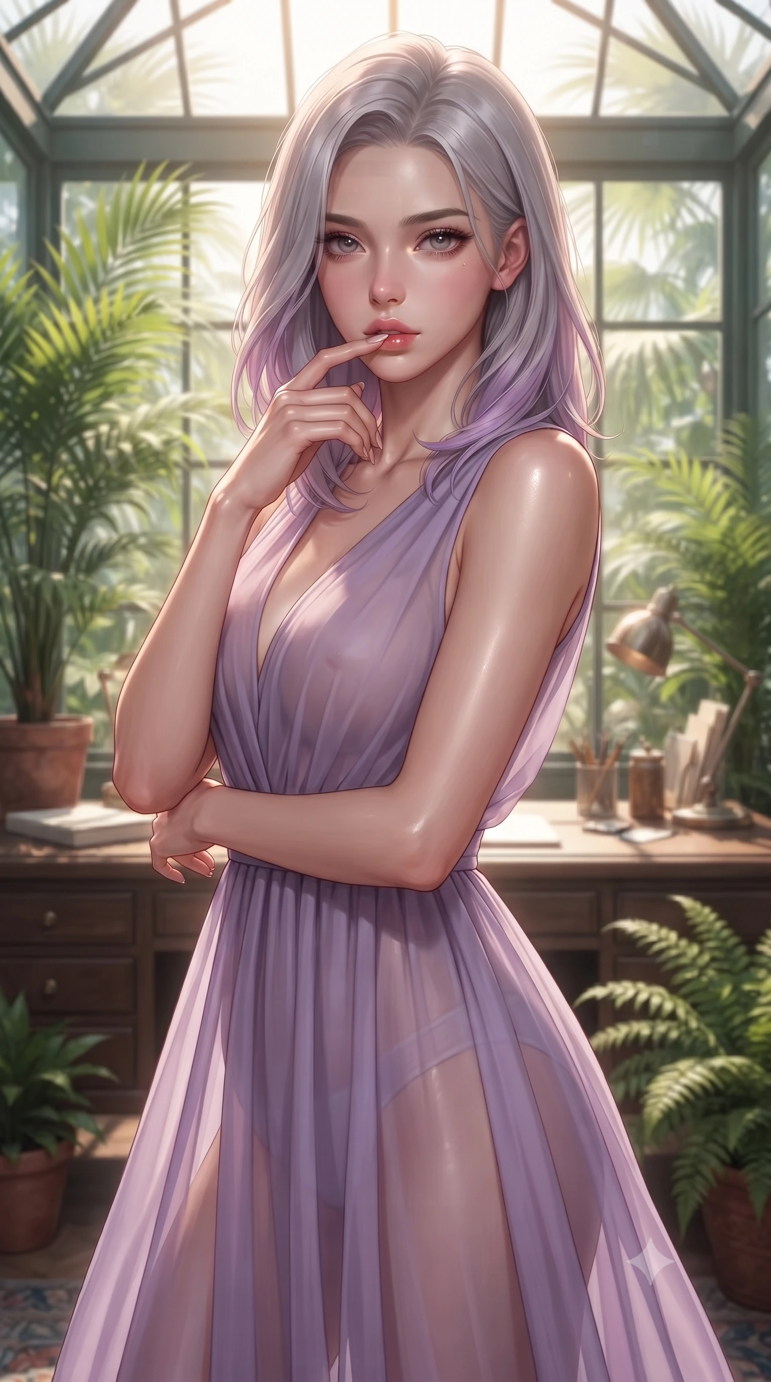 score_9, masterpiece, best quality, ultra-detailed, high-budget anime keyframe, editorial fashion photography, tasteful artistic composition, Caucasian woman. close-up cowboy shot from the waist and thighs up, the character dominates the composition, filling the frame with her large presence, background elements kept in soft focus. pressing one finger to her bottom lip in a thoughtful, seductive gesture under the warm sun the background shows a soft-focus a quiet writing desk in a sunroom facing a tropical conservatory. She has an exceptionally elegant, slender, and willowy female figure with an ultra-slim waist, a gracefully sculpted slender torso, and a refined silhouette. sharp v-shaped jawline, high-bridge nose, intricate jewel-like eyes with depth, thick eyelashes, glossy lips with a natural sheen. wearing a tailored semi-transparent chiffon maxi dress in lavender, showing her silhouette through the sheer fabric. bright morning sun rays creating fresh and energetic shadows. ultra-reflective glossy finish, specular highlights, metallic sheen, high-contrast stereoscopic depth, volumetric dynamic lighting, 2k, ultra detail, master piece, 9:16 ratio