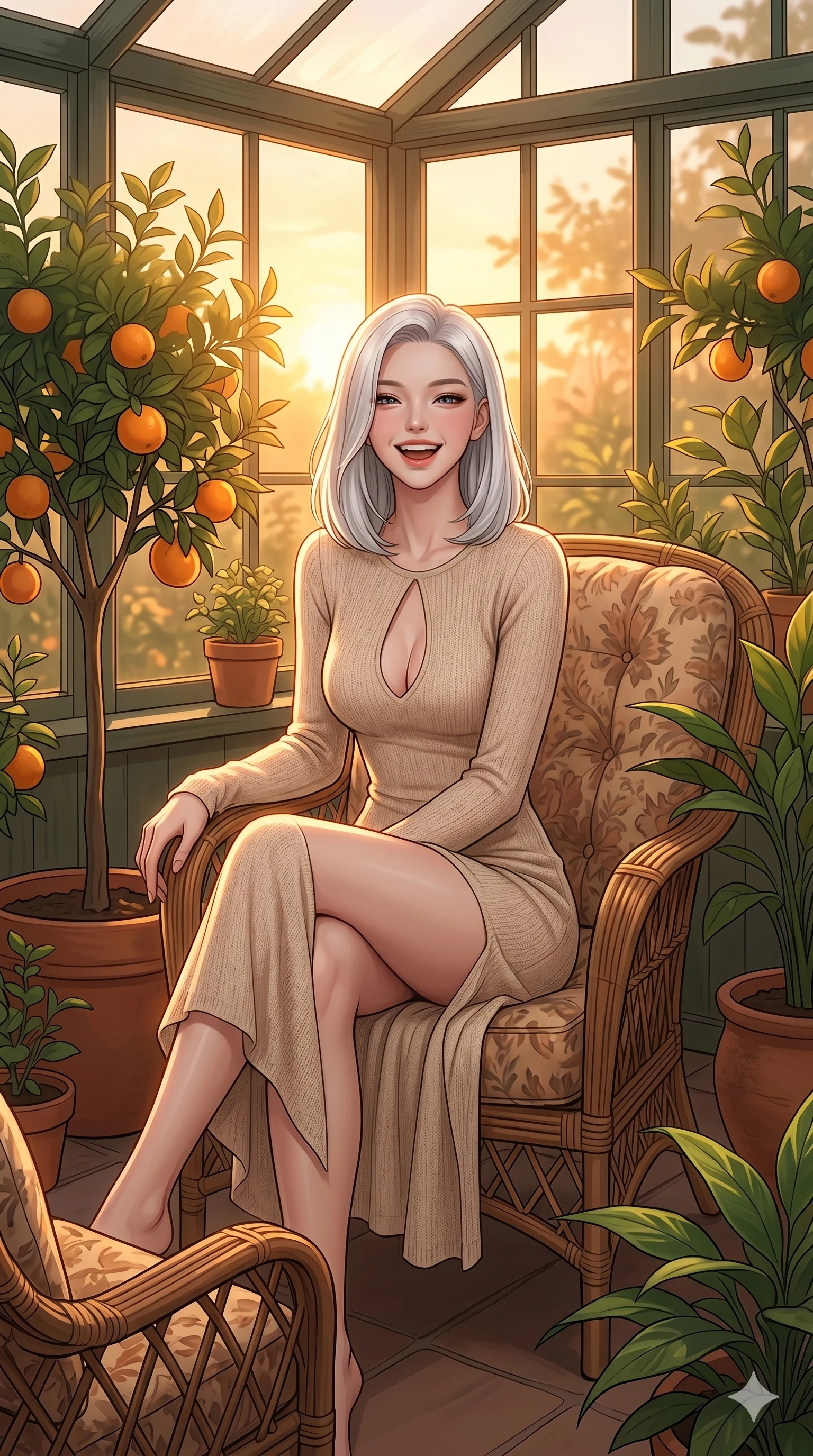 score_9, masterpiece, best quality, ultra-detailed, high-budget anime keyframe, editorial fashion photography, tasteful artistic composition, Korean woman. cowboy shot from the thighs up, character and outfit filling the frame for maximum editorial presence. sitting back with a playful, teasing laugh, looking towards the lens with a bright expression inside a cozy greenhouse corner with wicker chairs and orange trees. She has an absolutely perfect 8-heads proportion, an exceptionally tall and slender female figure with impossibly long slender legs and an ultra-slim waist. V-shaped jawline, high-bridge nose, intricate jewel-like eyes with depth, thick eyelashes, glossy lips with a natural sheen. wearing a lightweight beige knit dress with an elegant keyhole cutout and bare back design. bathed in warm, golden sunset light filtering through the glass, casting a cozy glowing aura. 2k, ultra detail, master piece, 9:16 ratio