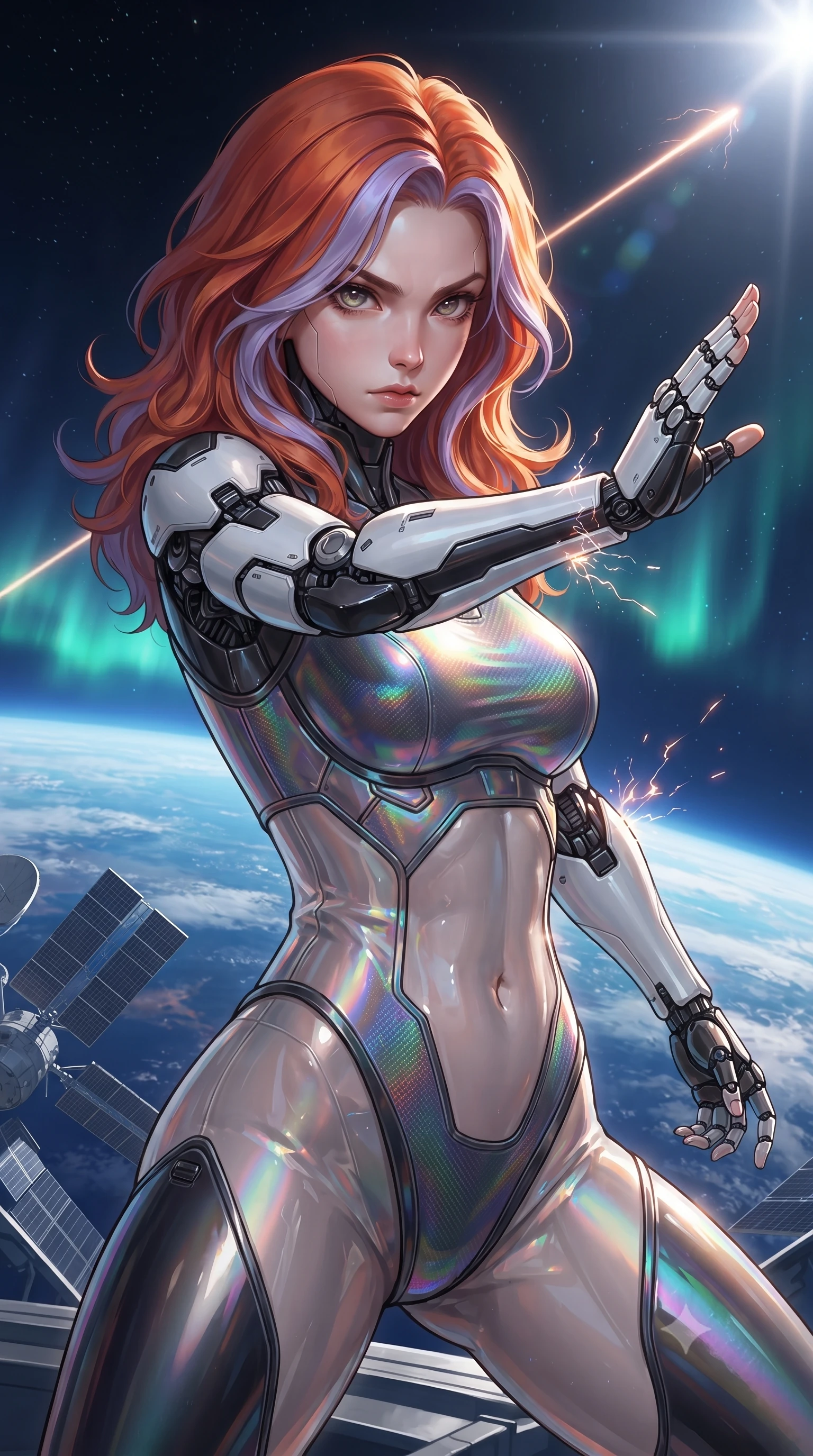 score_9, masterpiece, best quality, ultra-detailed, high-budget anime keyframe, editorial fashion photography, tasteful artistic composition, Caucasian woman. close-up cowboy shot from the waist and thighs up, the character dominates the composition, filling the frame with her large presence. twisting her upper body in a dynamic S-curve martial arts stance, cybernetic elbow dampers emitting subtle electric sparks as she aims a focused palm strike while pivoting dynamically as her cybernetic arm deflects a high-velocity particle beam into the upper atmosphere. The surrounding environment is rendered in vivid detail and crisp panoramic clarity. detailed magnetic clamp joints, Earth's auroral glow, and satellite antenna arrays in high resolution. She has an exceptionally elegant, slender, and willowy female figure with an ultra-slim waist, a gracefully sculpted slender torso, toned flat midriff, and a refined slim silhouette. sharp v-shaped jawline, high-bridge nose, intricate jewel-like eyes with depth, thick eyelashes, glossy lips with a natural sheen, flawlessly proportioned anatomical accuracy, strict slender model proportions, natural body alignment, perfectly sculpted long slender limbs, ultra-slim waistline, clean dynamic posture without body distortion. wearing a high-gloss iridescent rainbow carbon-weave bodysuit with translucent cybernetic panels and Damascus-steel forearm bracers in monochrome white enamel carbon with high-contrast black panels, made of liquid carbon-jersey fabric adhering flawlessly to her sculpted silhouette, finished with high-mobility flexible limb seams and miniature magnetic armor locks, the form-contouring material adhering flawlessly to her sculpted flat midriff and slender torso, emphasizing her long leg lines and perfectly proportioned willowy build. bathed in dazzling high-noon orbital sunlight and rich blue Earth ambient bounce light. ultra-reflective glossy finish, specular highlights, dark metallic sheen, high-contrast stereoscopic depth, volumetric dynamic lighting, 2k, ultra detail, master piece, 9:16 ratio