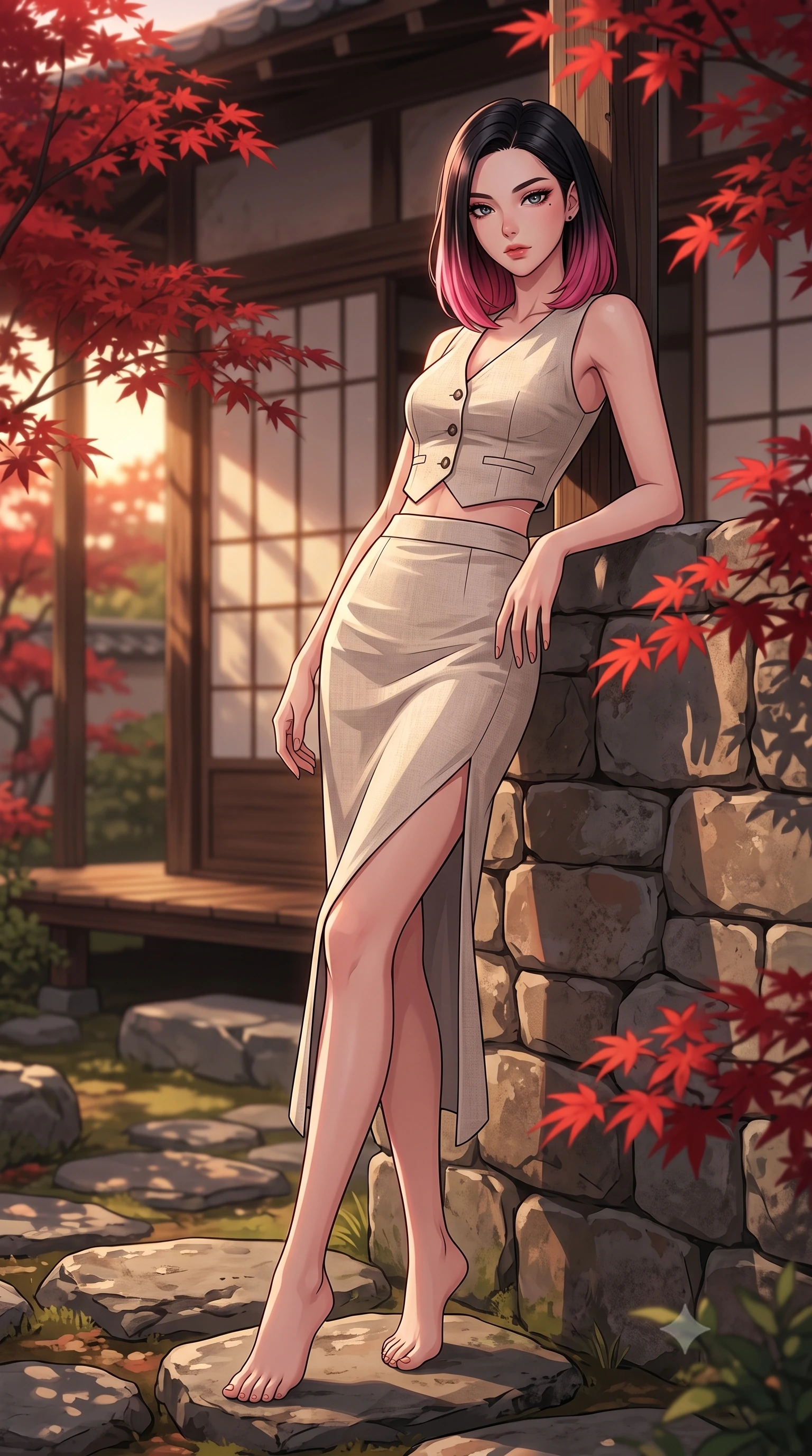 score_9, masterpiece, best quality, ultra-detailed, high-budget anime keyframe, tasteful artistic composition, Korean woman. low angle full-body shot from head to toe showing her feet, filling the entire 9:16 vertical frame with her statuesque presence, stretching her vertical silhouette. leaning back against a rustic stone wall, casting a slow, alluring gaze at the camera the background shows a soft-focus a private garden tea deck surrounded by red maple trees at dusk. She has an absolutely perfect, statuesque 8.5-heads proportion, an exceptionally tall and slender model-like female figure with impossibly long slender legs and an ultra-slim waist. sharp v-shaped jawline, high-bridge nose, intricate jewel-like eyes with depth, thick eyelashes, glossy lips with a natural sheen. wearing a tailored tailored vacation outfit of a linen crop vest and a matching side-slit midi skirt, revealing a subtle waist cutout. warm sunset light casting long, clean shadow lines from the garden's architecture. highly saturated vibrant anime colors, cel-shading, 2d style, master piece, 9:16 ratio