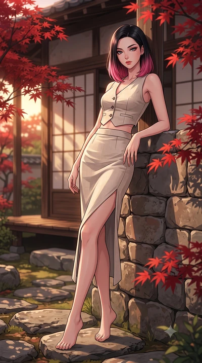 score_9, masterpiece, best quality, ultra-detailed, high-budget anime keyframe, tasteful artistic composition, Korean woman. low angle full-body shot from head to toe showing her feet, filling the entire 9:16 vertical frame with her statuesque presen