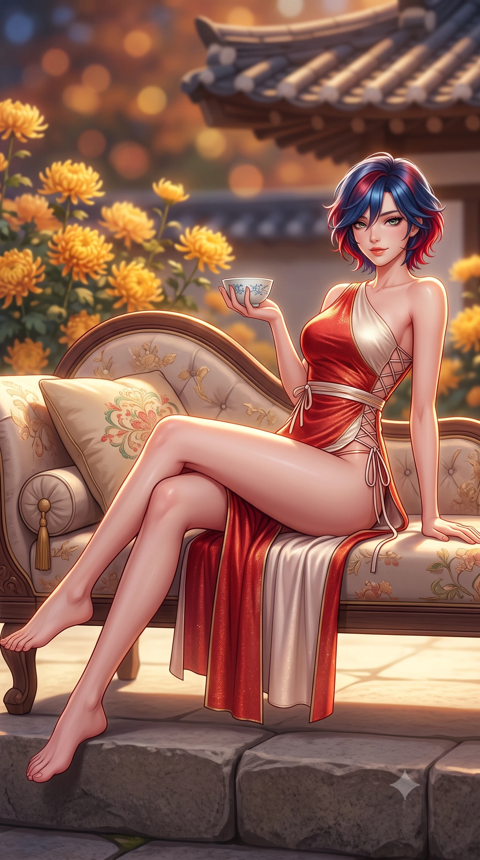 score_9, masterpiece, best quality, ultra-detailed, high-budget anime keyframe, semi-realistic 3D game render, editorial fashion photography, tasteful artistic composition, Korean woman. low angle full-body shot from head to toe showing her feet, filling the entire 9:16 vertical frame with her statuesque presence, stretching her vertical silhouette. reclining gracefully across the plush chaise lounge with one leg extended, her sculpted silhouette and flat midriff radiating magnetic nocturnal glamour while perched sideways on the stone foundation edge with legs extended, holding a porcelain tea bowl with effortless coquettish charm. The background shows a soft-focus blooming autumn golden chrysanthemums and curved clay-tiled hanok eaves blurred into honey, terracotta, and indigo bokeh. She has an absolutely perfect, statuesque 8.5-heads proportion, an exceptionally tall and slender model-like female figure with impossibly long slender legs, an ultra-slim waist, a flat toned midriff, narrow delicate ribcage, and beautifully sculpted feminine hips creating a graceful, slim hourglass silhouette without any bulky heaviness. sharp v-shaped jawline, high-bridge nose, sparkling eyes with hypnotic seductive depth, thick curled eyelashes, glossy parted lips with a natural dewy peach sheen, alluring bedroom-eyes with an enchanting coquettish smile, exuding magnetic siren charisma and sophisticated glamour, flawlessly proportioned anatomical accuracy, strict slender model proportions, natural body alignment, perfectly sculpted long slender limbs, ultra-slim waistline, clean dynamic posture without body distortion. wearing an asymmetric one-shoulder modern hanbok tunic with dramatic side hip slit and delicate waist ribbons in royal vermilion crimson and pale ivory silk, woven from stretch metallic lurex jersey casting radiant starlight glints across her silhouette, featuring fine criss-cross lace-up side ties revealing tantalizing glimpses of her hip curve, the precision-cut side openings and low-back scoop framing her graceful spine and the sensual sweep of her slim, toned hips. illuminated by paper screen glow bounce and sharp amber rim lights sculpting her jawline, ultra-slim waist, and curvy hips. highly saturated vibrant anime colors, detailed shading with soft gradients, rich glossy textures, high-contrast stereoscopic depth, volumetric dynamic lighting, master piece, 9:16 ratio