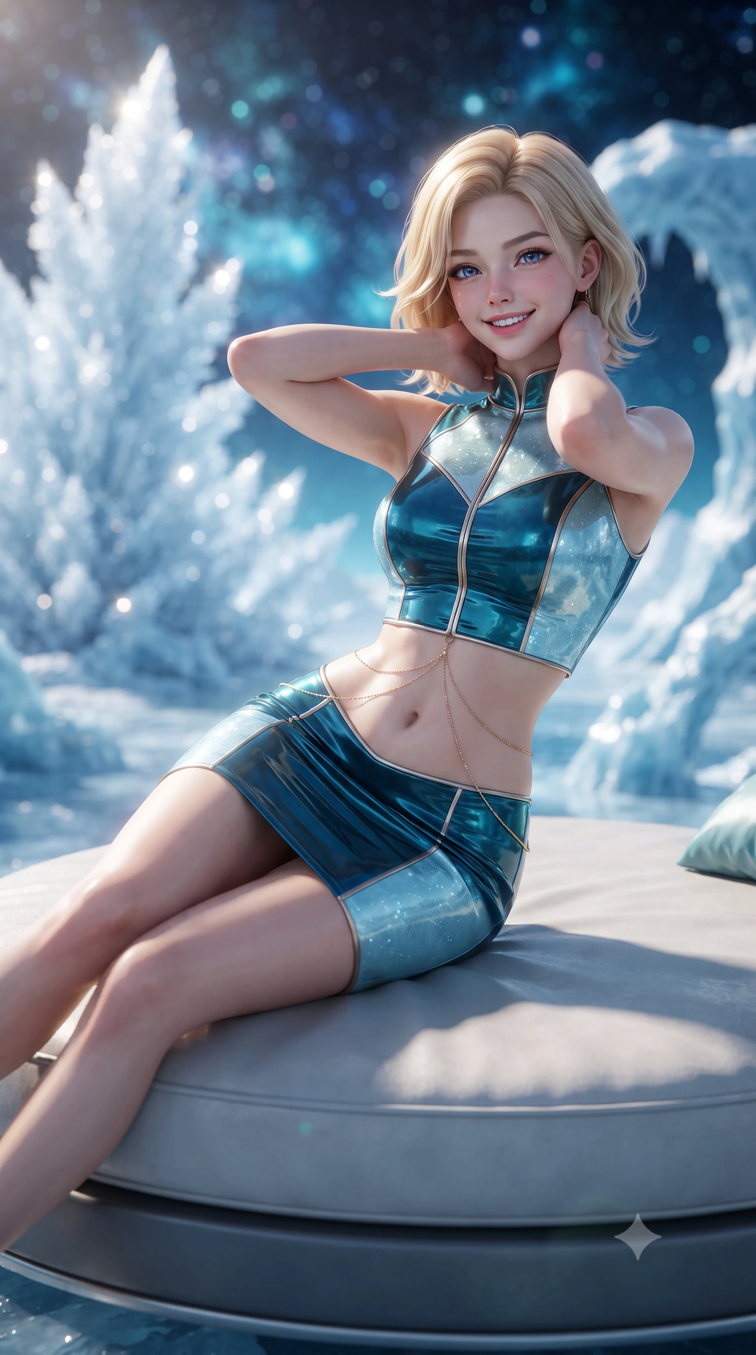 score_9, masterpiece, best quality, ultra-detailed, high-budget anime keyframe, editorial fashion photography, tasteful artistic composition, Caucasian woman. close-up cowboy shot from the waist and thighs up, the character dominates the composition, filling the frame with her large presence. resting both hands lightly behind her neck with elbows raised, arching her spine to highlight her narrow waist, flat midriff, and breathtaking collarbones while lounging gracefully across the circular daybed propped on one elbow with legs extended, displaying her long slender limbs and statuesque hourglass silhouette against the ice geyser. The background shows a soft-focus colossal plumes of frozen ice crystals sparkling in distant sunlight, jagged glacial arches, and deep space star nebulae blurred into diamond, sapphire, and cyan bokeh. She has an exceptionally elegant, slender, and willowy female figure with an ultra-slim waist, flat toned midriff, narrow ribcage, and sculpted feminine hips creating an alluring, slim hourglass silhouette without bulk. sharp v-shaped jawline, high-bridge nose, intricate jewel-like sparkling eyes with depth, thick eyelashes, glossy parted lips with a natural peach sheen, bright cheerful beaming smile with an enchanting and coquettish sensual glint, exuding both youthful cute charm and seductive allure, flawlessly proportioned anatomical accuracy, strict slender model proportions, natural body alignment, perfectly sculpted long slender limbs, ultra-slim waistline, clean dynamic posture without body distortion. wearing a tailored liquid velvet combat sheath dress with subtle metallic piping following her feminine curves without bulk in Europa abyssal turquoise and ice-shelf diamond, tailored from high-gloss patent leather with mirror-like specular highlights, accented with a dainty gold belly chain resting across her flat midriff and curving hips, the impeccably tailored cut draping gracefully along her slender figure with aristocratic poise. illuminated by crystal plume reflection bounce and sharp diamond-white rim lights defining her jawline, narrow waist, and curvy hips. ultra-reflective glossy finish, specular highlights, rich textural contrasts, high-contrast stereoscopic depth, volumetric dynamic lighting, 2k, ultra detail, master piece, 9:16 ratio
