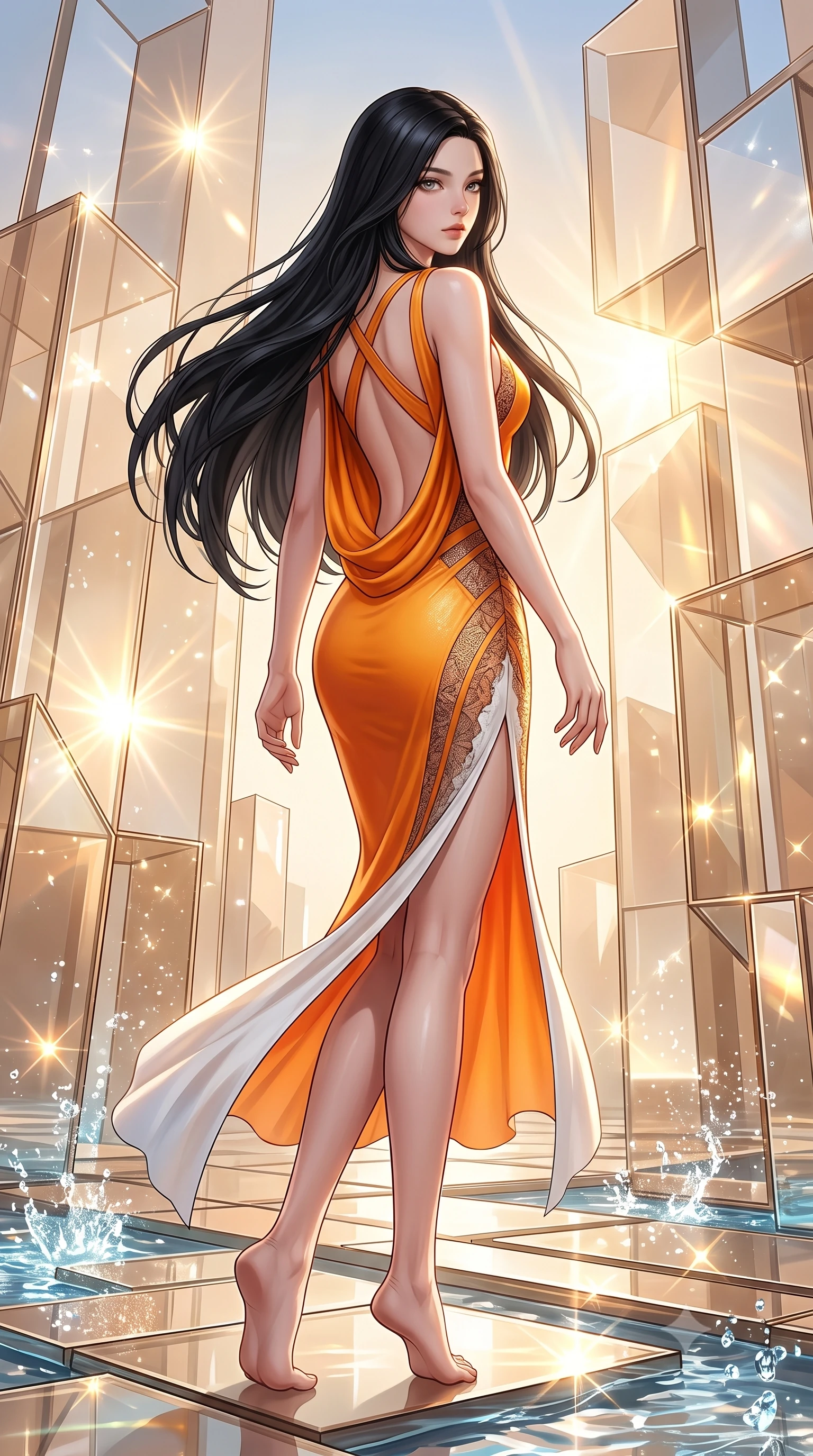 score_9, masterpiece, best quality, ultra-detailed, high-budget anime keyframe, semi-realistic 3D game render, editorial fashion photography, tasteful artistic composition, Korean woman. low angle full-body shot from head to toe showing her feet, filling the entire 9:16 vertical frame with her statuesque presence, stretching her vertical silhouette. pivoting dynamically in mid-motion with a breathtakingly alluring posture, displaying her flawless model proportions and ultra-slim waist while pivoting dynamically amidst geometric champagne-tinted glass panels reflecting sparkling sunbursts. The surrounding environment is rendered in vivid detail and crisp panoramic clarity. rich luminous architectural materials rendered with high environmental sharpness. She has an absolutely perfect, statuesque 8.5-heads proportion, an exceptionally tall and slender model-like female figure with impossibly long slender legs, a toned flat midriff, and an ultra-slim waist. sharp v-shaped jawline, high-bridge nose, intricate jewel-like eyes with depth, thick eyelashes, glossy lips with a natural sheen, flawlessly proportioned anatomical accuracy, strict slender model proportions, natural body alignment, perfectly sculpted long slender limbs, ultra-slim waistline, clean dynamic posture without body distortion. wearing a precision-fitted liquid jersey bodycon dress with a dramatic draped cowl back that swoops down to her waist and a high side slit in vivid sunset amber orange and cloud white, crafted from delicate dark lace interwoven with luminescent micro-fibers, complemented by criss-cross back straps highlighting her completely bare spine, the glove-like aerodynamic second-skin fit tightly clinging to her ultra-slender waist and athletic curves without adding bulk, accentuating her razor-sharp statuesque lines and slim hourglass silhouette. bathed in warm champagne-gold sunbursts and sparkling aquatic water refractions. highly saturated vibrant anime colors, detailed shading with soft gradients, rich glossy textures, high-contrast stereoscopic depth, volumetric dynamic lighting, master piece, 9:16 ratio