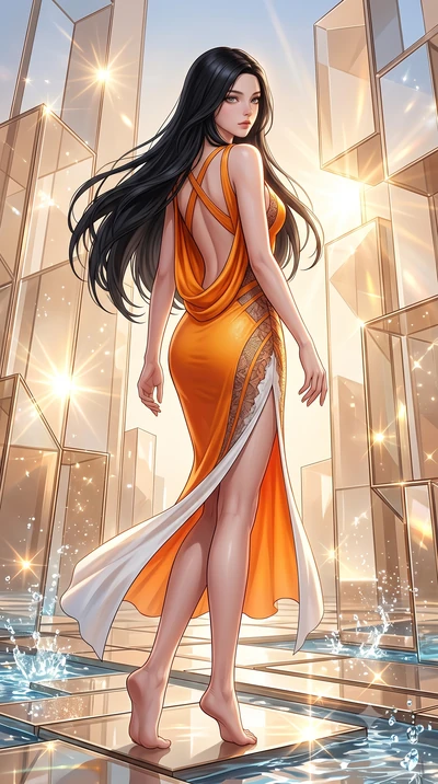 score_9, masterpiece, best quality, ultra-detailed, high-budget anime keyframe, semi-realistic 3D game render, editorial fashion photography, tasteful artistic composition, Korean woman. low angle full-body shot from head to toe showing her feet, fil