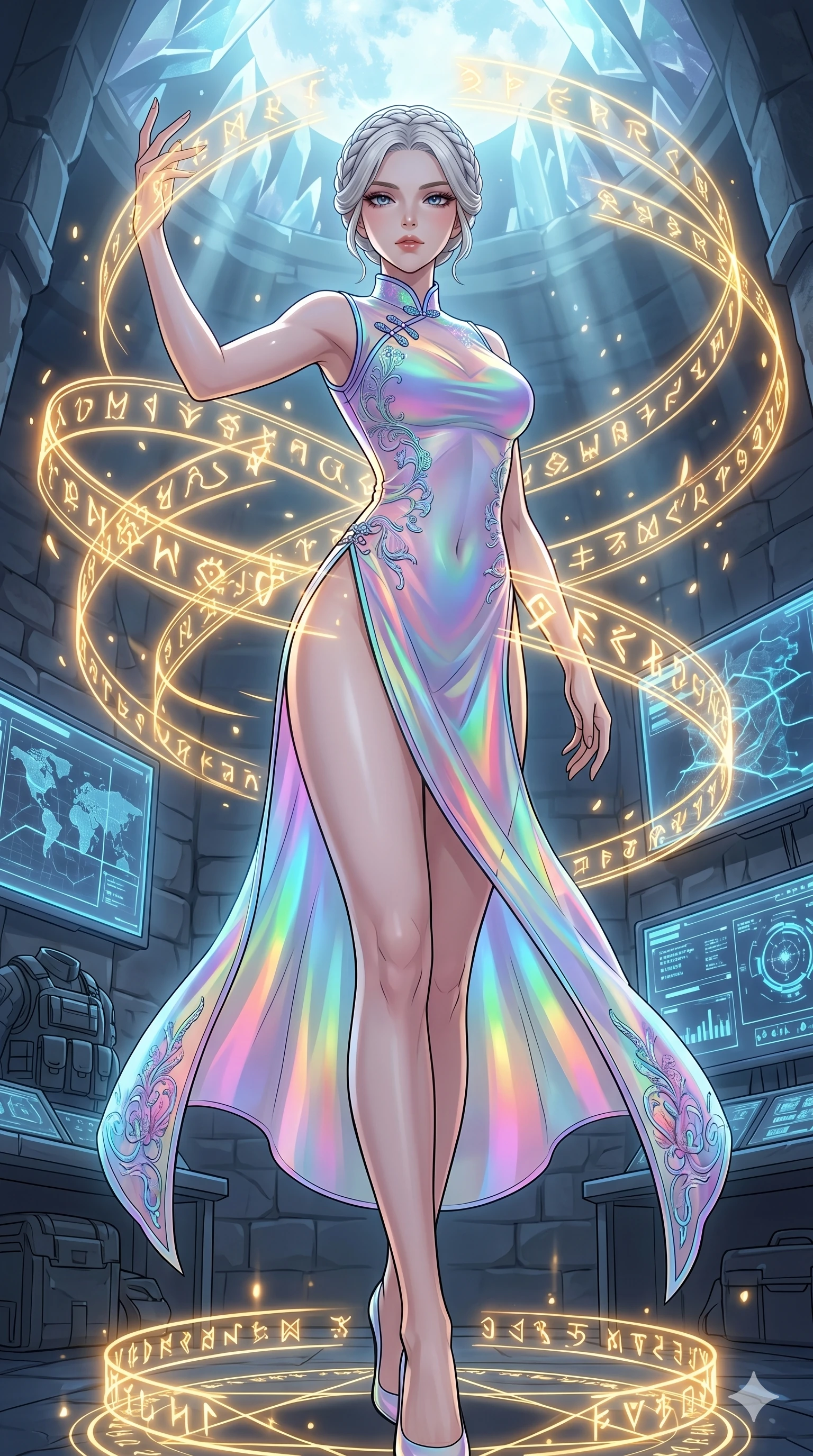 score_9, masterpiece, best quality, ultra-detailed, High-budget Anime Keyframe, vibrant colors, fluid line-art, expressive lighting, cinematic composition, Ufotable-style visual effects, top-tier animation quality, Japanese woman with delicate and elegant anime-inspired features. Dramatic low angle looking up at her majestic stature, dominating the vertical space of the composition. Performing a high-speed mystical ritual in a temple of pure light, her body surrounded by orbiting golden runes and symbols. She has an absolutely perfect 8-heads proportion, an exceptionally tall and slender female figure with impossibly long slender legs and an ultra-slim waist, her statuesque height and towering silhouette dominating the vertical 9:16 frame. Her face is a masterpiece featuring a sharp v-shaped jawline, high-bridge nose, intricate jewel-like eyes with depth, thick eyelashes, and glossy lips with a natural sheen. She is wearing a Cyberpunk neon-lit qipao with a dangerous high slit and intricate digital embroidery crafted from Holographic chiffon that changes color with every movement, creating a rainbow effect, with sheer fabric transparency over her delicate curves and a high-cut silhouette. The scene is set in an underground rebel bunker with flickering holographic screens and tactical maps, illuminated by ethereal moonlight filtering through a crystalline canopy, creating soft highlights. 2k, ultra detail, master piece, 9:16 ratio