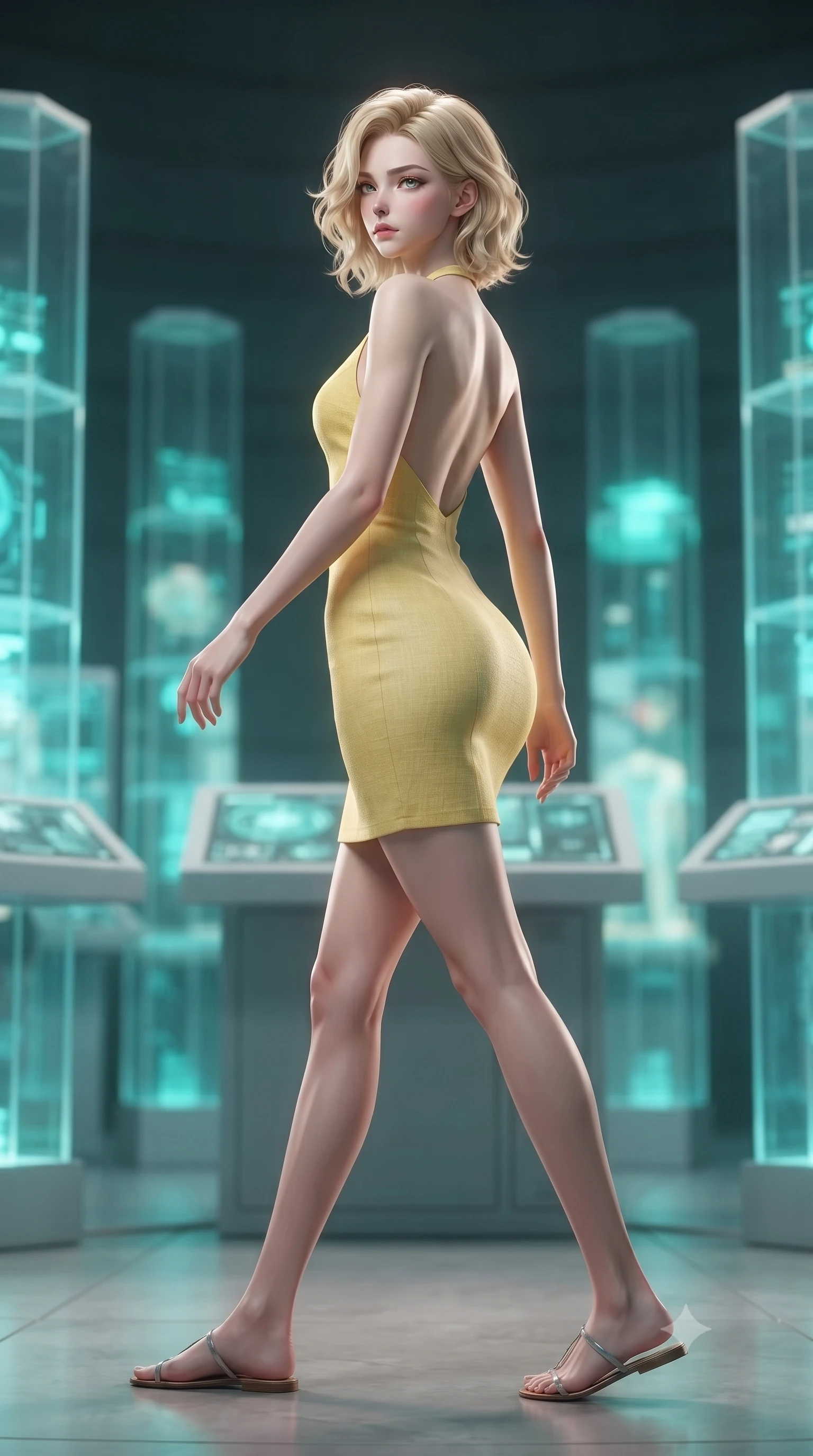 score_9, masterpiece, best quality, ultra-detailed, high-budget anime keyframe, editorial fashion photography, tasteful artistic composition, Caucasian woman. low angle full-body shot from head to toe showing her feet, filling the entire 9:16 vertical frame with her statuesque presence, stretching her vertical silhouette. stepping gracefully while looking back over her shoulder, her dress draped tightly to reveal her silhouette the background shows a soft-focus a secret database chamber with geometric glass columns emitting digital pulse waves. She has an absolutely perfect, statuesque 8.5-heads proportion, an exceptionally tall and slender model-like female figure with impossibly long slender legs and an ultra-slim waist. sharp v-shaped jawline, high-bridge nose, intricate jewel-like eyes with depth, thick eyelashes, glossy lips with a natural sheen. wearing a body-hugging backless summer sundress in pale yellow linen, showing her elegant shoulder blades. rhythmic cyan and emerald light pulses reflecting off her silhouette. highly saturated vibrant anime colors, detailed shading with soft gradients, rich glossy textures, high-contrast stereoscopic depth, volumetric dynamic lighting, master piece, 9:16 ratio