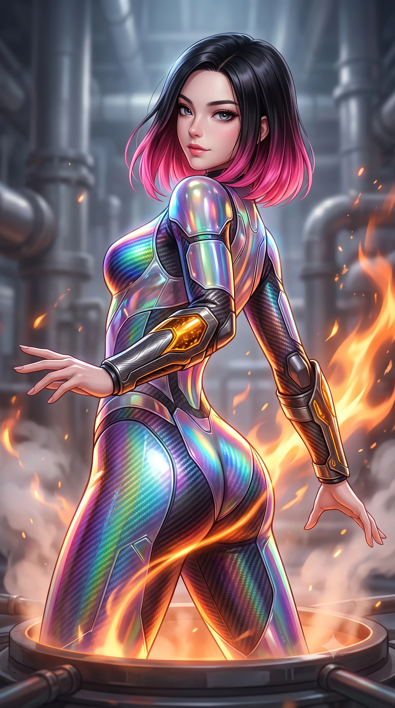 score_9, masterpiece, best quality, ultra-detailed, high-budget anime keyframe, semi-realistic 3D game render, editorial fashion photography, tasteful artistic composition, Korean woman. close-up cowboy shot from the waist and thighs up, the character dominates the composition, filling the frame with her large presence. resting one hand in a defensive deflective posture while glancing over her shoulder with thick eyelashes and a confident, smoldering combat half-smile while arching her back in an athletic back-handspring over an open steam vent with molten orange light tracing her curves. The composition keeps background elements in soft focus with creamy bokeh. massive industrial reactor pipes and steam exhaust turbines softened in atmospheric shallow focus. She has an exceptionally elegant, slender, and willowy female figure with an ultra-slim waist, a gracefully sculpted slender torso, toned flat midriff, and a refined slim silhouette. sharp v-shaped jawline, high-bridge nose, intricate jewel-like eyes with depth, thick eyelashes, glossy lips with a natural sheen, flawlessly proportioned anatomical accuracy, strict slender model proportions, natural body alignment, perfectly sculpted long slender limbs, ultra-slim waistline, clean dynamic posture without body distortion. wearing a high-gloss iridescent rainbow carbon-weave bodysuit with translucent cybernetic panels and Damascus-steel forearm bracers in molten amber-gold carbon cuirass with dark titanium weave, made of liquid carbon-jersey fabric adhering flawlessly to her sculpted silhouette, detailed with magnetic knuckle shock-absorbers and polished chrome articulation joints, the liquid-tight tailored fabric emphasizing every curve of her tall, slender model proportions and sculptured silhouette during dynamic movement. surrounded by an elemental, fierce, and irresistibly powerful cyber-valkyrie of flame aura. rich saturated anime colors with glowing neon highlights, detailed shading with soft gradients, rich glossy textures, high-contrast stereoscopic depth, volumetric dynamic lighting, master piece, 9:16 ratio