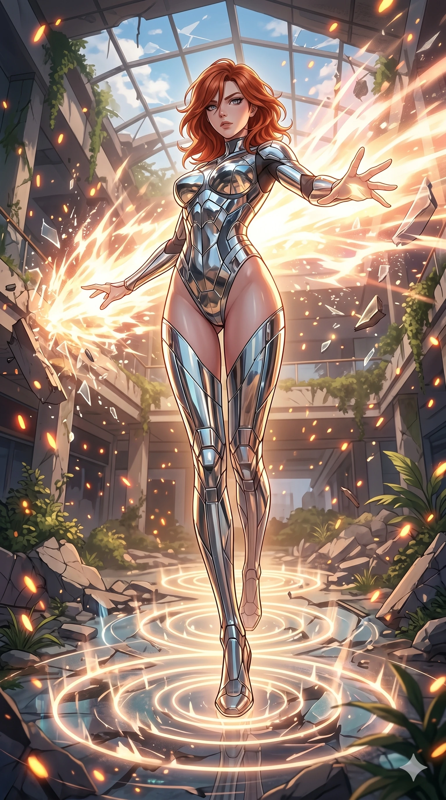 score_9, masterpiece, best quality, ultra-detailed, Set A: High-budget Anime Keyframe, Caucasian (human ears) woman. Low angle cowboy shot filling the entire 9:16 frame with her statuesque presence. Theme: Ethereal Dream. unleashing a massive energy wave in a ruined overgrown shopping mall, as she steps on ripples of time that distort the space 181. The atmosphere is filled with golden hour with floating embers. She has an absolutely perfect 8-heads proportion, an exceptionally tall and slender female figure with impossibly long slender legs and an ultra-slim waist. Sharp v-shaped jawline, high-bridge nose, intricate jewel-like eyes with depth, glossy lips. Wearing Mirror-surface metallic bodysuit that reflects the environment, with high-cut legs. Cinematic lighting, vivid colors, dramatic shadows, 2k, ultra detail, master piece, 9:16 ratio