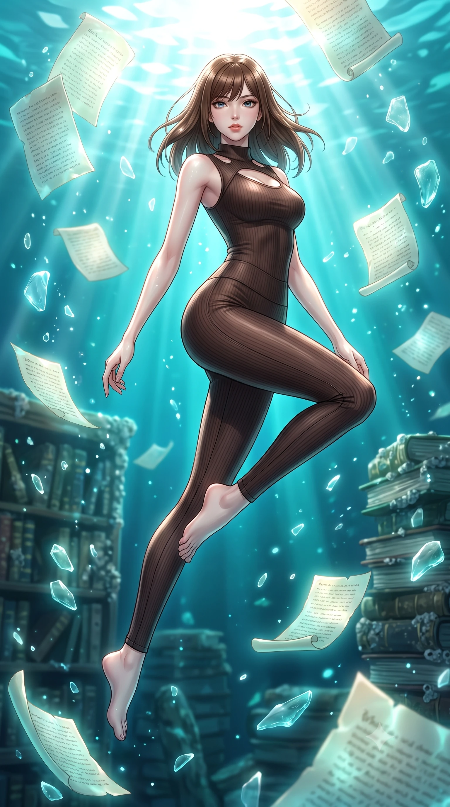 score_9, masterpiece, best quality, ultra-detailed, high-budget anime keyframe, editorial fashion photography, tasteful artistic composition, Korean woman. low angle full-body shot from head to toe showing her feet, filling the entire 9:16 vertical frame with her statuesque presence, stretching her vertical silhouette. leaping gracefully through the environment with statuesque elegance and long slender legs navigating a submerged ancient library surrounded by floating glowing scrolls, translucent sea glass fragments drifting gracefully around her. She has an absolutely perfect, statuesque 8.5-heads proportion, an exceptionally tall and slender model-like female figure with impossibly long slender legs and an ultra-slim waist. sharp v-shaped jawline, high-bridge nose, intricate jewel-like eyes with depth, thick eyelashes, glossy lips with a natural sheen. wearing a form-fitting ribbed activewear set in espresso brown with elegant collar cutouts, the tailored fabric tightly following every curve of her athletic build. bathed in brilliant underwater sunbeams and soft turquoise caustic glow. highly saturated vibrant anime colors, detailed shading with soft gradients, rich glossy textures, high-contrast stereoscopic depth, volumetric dynamic lighting, master piece, 9:16 ratio