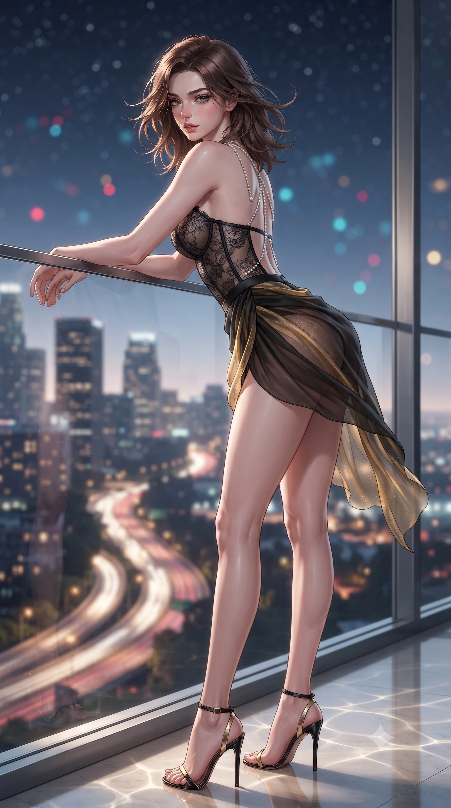 score_9, masterpiece, best quality, ultra-detailed, high-budget anime keyframe, editorial fashion photography, tasteful artistic composition, Korean woman. low angle full-body shot from head to toe showing her feet, filling the entire 9:16 vertical frame with her statuesque presence, stretching her vertical silhouette. posing in a classic haute-couture S-curve stance beside the floor-to-ceiling window, looking over a bare shoulder with magnetic presence while leaning over the glass edge with hips cocked back, looking down at the illuminated Sunset Strip with an intoxicating bedroom-gaze. The background shows a soft-focus sweeping vista of downtown LA skyscrapers, winding canyon highway headlights, and starry sky blurred into ruby, cyan, and gold bokeh. She has an exceptionally tall and slender model-like 8.5-heads proportion, an ultra-slim waist, a flat toned midriff, narrow delicate ribcage, and beautifully sculpted feminine hips creating a graceful, slim hourglass silhouette without any bulky heaviness, with impossibly long slender legs. sharp v-shaped jawline, high-bridge nose, intricate jewel-like sparkling eyes with depth, thick eyelashes, glossy parted lips with a natural peach sheen, bright cheerful beaming smile with an enchanting and coquettish sensual glint, exuding both youthful cute charm and seductive allure, flawlessly proportioned anatomical accuracy, strict slender model proportions, natural body alignment, perfectly sculpted long slender limbs, ultra-slim waistline, clean dynamic posture without body distortion. wearing a sculpted underwire demi-bustier in semi-sheer lace paired with an ultra-short draped tulip skirt in Cheongdam modern noir black and molten gold, made of sheer gossamer chiffon that drapes softly against skin with airy translucence, accented with a pearl-drop body harness subtly framing her dewy collarbones and spine, the glove-like clinging cut tightly following the natural contour of her hips and long slender legs with youthful 8.5-heads elegance. illuminated by pool surface caustics bounce and sharp platinum-cyan rim lights defining her jawline, flat midriff, and feminine hips. ultra-reflective glossy finish, specular highlights, rich textural contrasts, high-contrast stereoscopic depth, volumetric dynamic lighting, 2k, ultra detail, master piece, 9:16 ratio
