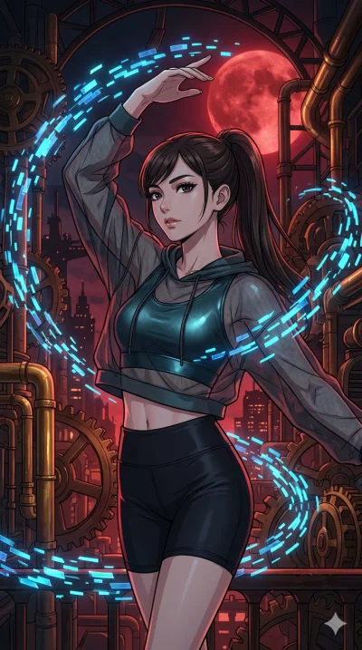 score_9, masterpiece, best quality, ultra-detailed, high-budget anime movie keyframe, cinematic anime lighting, intricate line art, Japanese woman. Upper body filling screen focusing on her alluring features and slim-fit silhouette. dancing with data