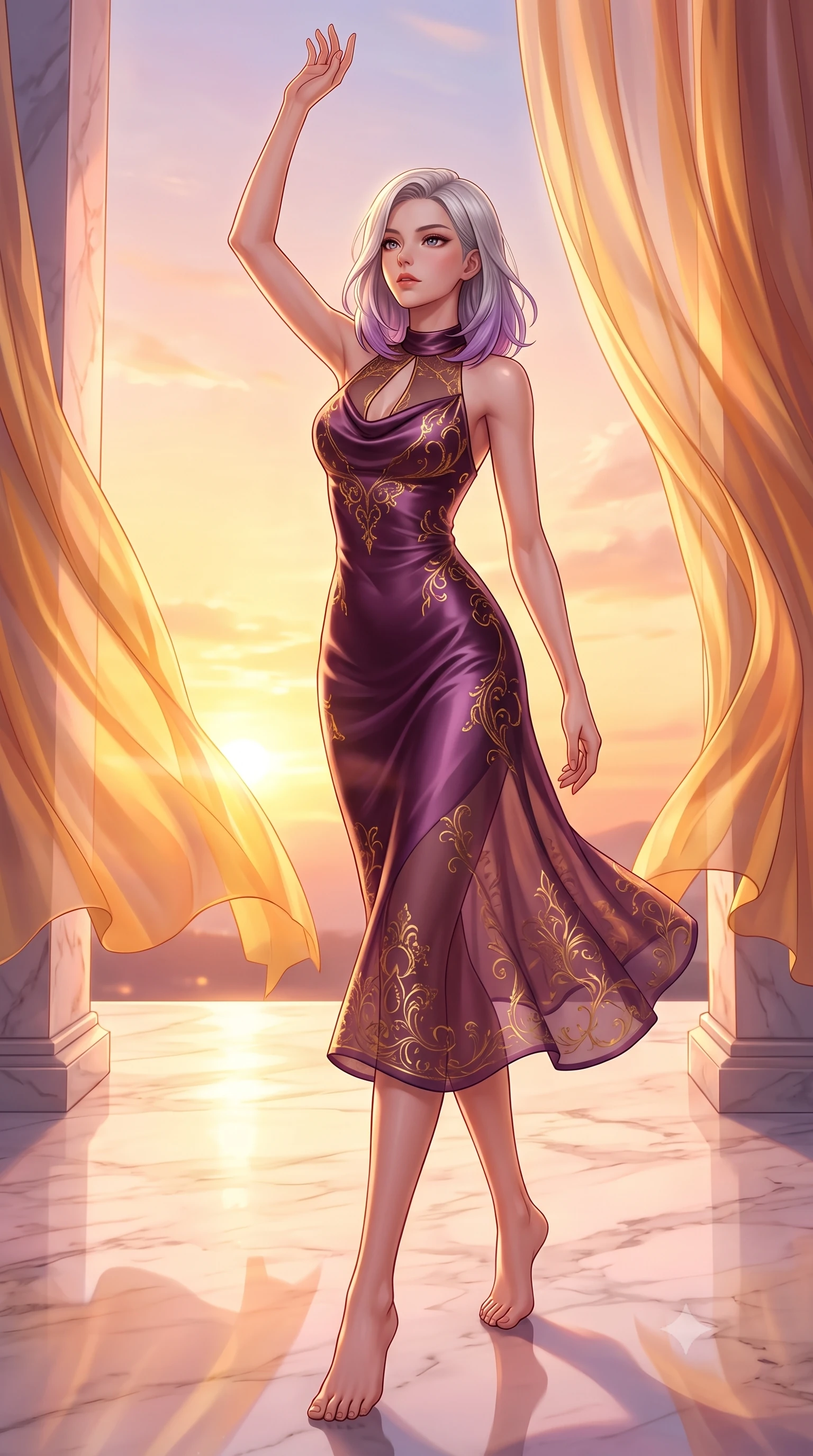 score_9, masterpiece, best quality, ultra-detailed, high-budget anime keyframe, editorial fashion photography, tasteful artistic composition, Caucasian woman. low angle full-body shot from head to toe showing her feet, filling the entire 9:16 vertical frame with her statuesque presence, stretching her vertical silhouette. forging dynamically through the scene with her long slender legs and ultra-slim waist creating a sweeping S-curve while reaching one arm toward the open sky as billowing silk gossamer curtains flutter nearby, soft rose-gold and amber sunset light reflecting off polished white marble. She has an absolutely perfect, statuesque 8.5-heads proportion, an exceptionally tall and slender model-like female figure with impossibly long slender legs and an ultra-slim waist. sharp v-shaped jawline, high-bridge nose, intricate jewel-like eyes with depth, thick eyelashes, glossy lips with a natural sheen, flawlessly proportioned anatomical accuracy, natural body alignment, perfectly sculpted elegant limbs, clean dynamic posture without body distortion. wearing an elegant cowl-neck satin midi dress with a graceful draped neckline in plum purple and gold filigree, woven from fine semi-opaque sheer organza, accented with a Tasteful chest slit framing her clavicle gracefully, the sleek second-skin texture accentuating her magnetic presence. bathed in glorious golden hour sunbeams and warm rose-gold ambient light. highly saturated vibrant anime colors, detailed shading with soft gradients, rich glossy textures, high-contrast stereoscopic depth, volumetric dynamic lighting, master piece, 9:16 ratio