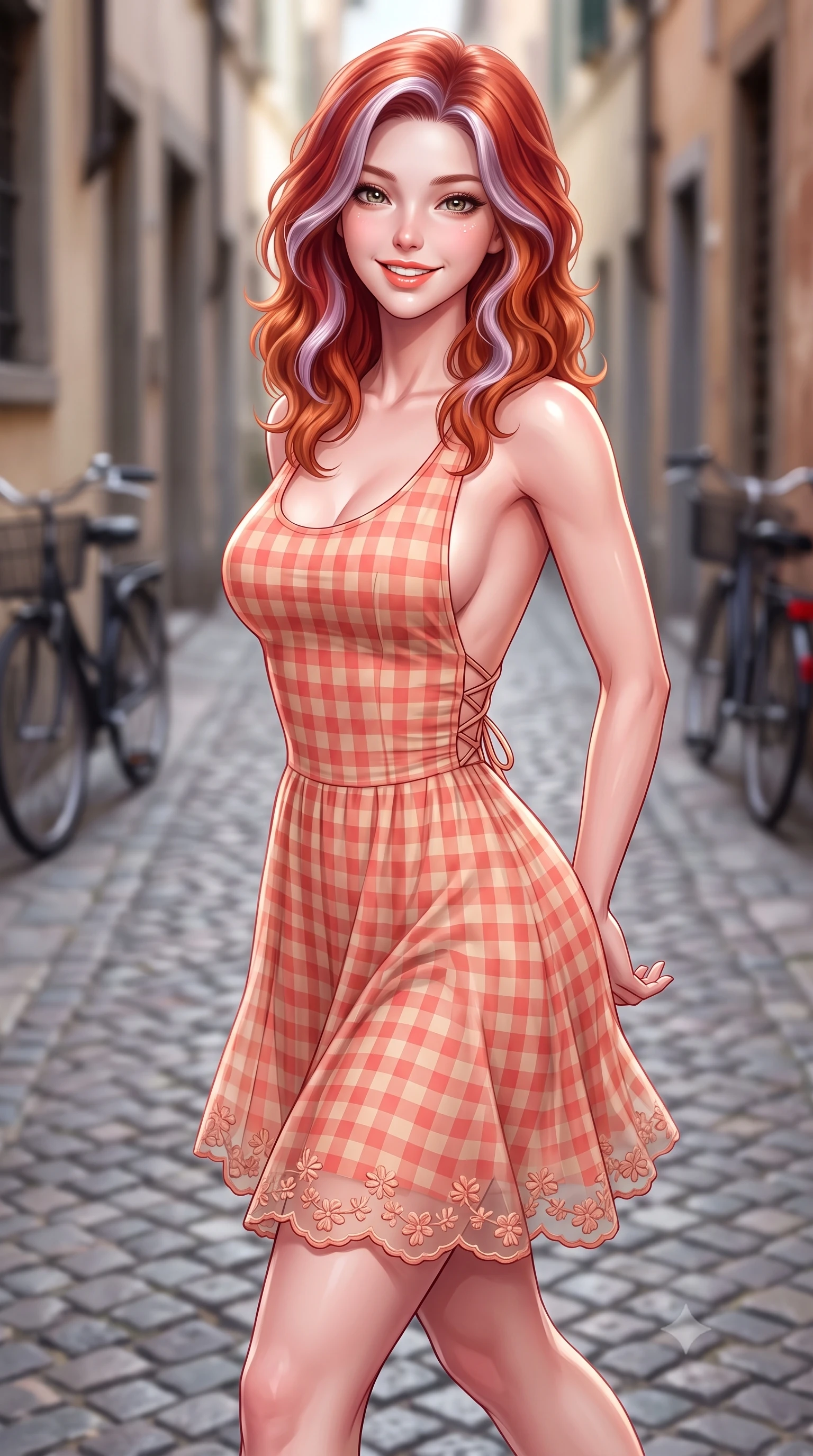 score_9, masterpiece, best quality, ultra-detailed, high-budget anime keyframe, semi-realistic 3D game render, editorial fashion photography, tasteful artistic composition, Caucasian woman. close-up cowboy shot from the waist and thighs up, the character dominates the composition, filling the frame with her large presence. resting both hands lightly behind her back while leaning toward the lens with a cheerful, teasing grin, her form-fitting outfit hugging her narrow waist and feminine hip curve while striding through the historic alleyway with supermodel poise, her form-fitting dress clinging to her narrow waist and curvy hips. The composition keeps background elements in soft focus with dreamy creamy bokeh. cobblestone alleys and bicycle silhouettes softened in charming Italian shallow focus. She has an exceptionally elegant, slender, and willowy female figure with an ultra-slim waist, flat toned midriff, narrow ribcage, and sculpted feminine hips creating an alluring, slim hourglass silhouette without bulk. sharp v-shaped jawline, high-bridge nose, intricate jewel-like sparkling eyes with depth, thick eyelashes, glossy parted lips with a natural peach sheen, bright cheerful beaming smile with an enchanting and coquettish sensual glint, exuding both youthful cute charm and seductive allure, flawlessly proportioned anatomical accuracy, strict slender model proportions, natural body alignment, perfectly sculpted long slender limbs, ultra-slim waistline, clean dynamic posture without body distortion. wearing a backless lace-up gingham sundress with a form-fitting bodice and hip-defining silhouette in warm coral pink and soft oatmeal beige, woven from layered gossamer organza with weightless flutter, complemented by delicate embroidered floral trim along the hem, the precision-cut side openings and low-back scoop framing her graceful spine and the sensual sweep of her slim, toned hips. illuminated by crisp directional highlights accentuating her sculpted midriff, narrow waist, and curvy hips. highly saturated vibrant anime colors, detailed shading with soft gradients, rich glossy textures, high-contrast stereoscopic depth, volumetric dynamic lighting, master piece, 9:16 ratio
