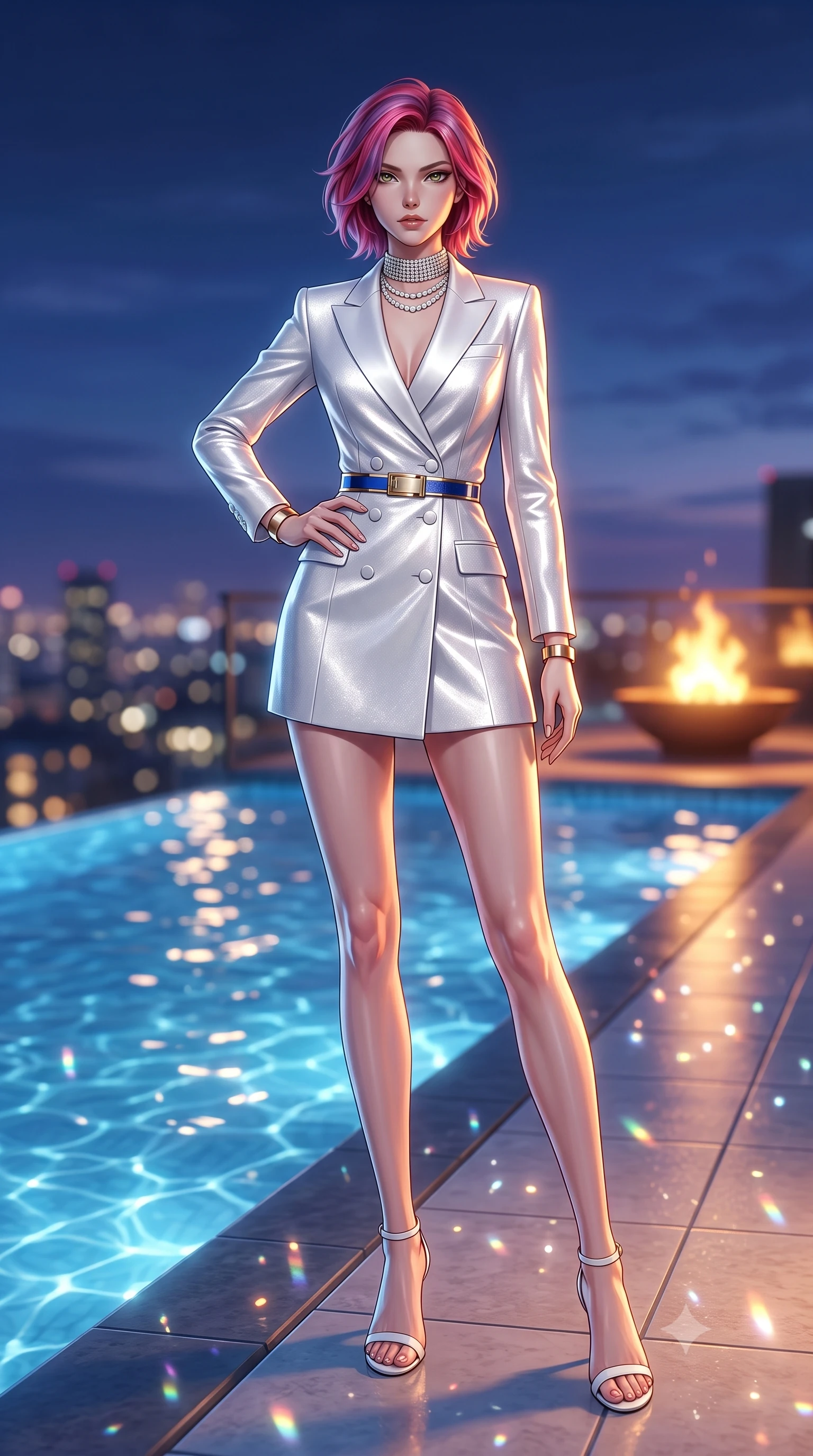 score_9, masterpiece, best quality, ultra-detailed, high-budget anime keyframe, semi-realistic 3D game render, editorial fashion photography, tasteful artistic composition, Caucasian woman. low angle full-body shot from head to toe showing her feet, filling the entire 9:16 vertical frame with her statuesque presence, stretching her vertical silhouette. standing poised with one hip cocked in an alluring high-fashion pose, her tall 8.5-heads proportions dominating the scene while pivoting gracefully beside an infinity pool as midnight city lights shimmer across the water's surface. The composition keeps background elements in soft focus with creamy bokeh. shimmering pool caustics and city neon reflections scattering radiant light motes across the deck. She has an absolutely perfect, statuesque 8.5-heads proportion, an exceptionally tall and slender model-like female figure with impossibly long slender legs, a toned flat midriff, and an ultra-slim waist. sharp v-shaped jawline, high-bridge nose, intricate jewel-like eyes with depth, thick eyelashes, glossy lips with a natural sheen, captivating and magnetic expression, flawlessly proportioned anatomical accuracy, strict slender model proportions, natural body alignment, perfectly sculpted long slender limbs, ultra-slim waistline, clean dynamic posture without body distortion. wearing a tailored royal white tuxedo jacket dress with silk satin lapels and a slim gold-buckle belt in royal sapphire blue and brushed platinum, crafted from luxurious metallic lamé that shifts radiance with every step, accessorized with a bold diamond choker and minimalist gold cuffs, the sleek tailored cut tightly hugging her graceful clavicle, narrow waist, and feminine curves with statuesque precision. bathed in twilight indigo sky tones and warm amber rooftop fire pit glow. highly saturated vibrant anime colors, detailed shading with soft gradients, rich glossy textures, high-contrast stereoscopic depth, volumetric dynamic lighting, master piece, 9:16 ratio