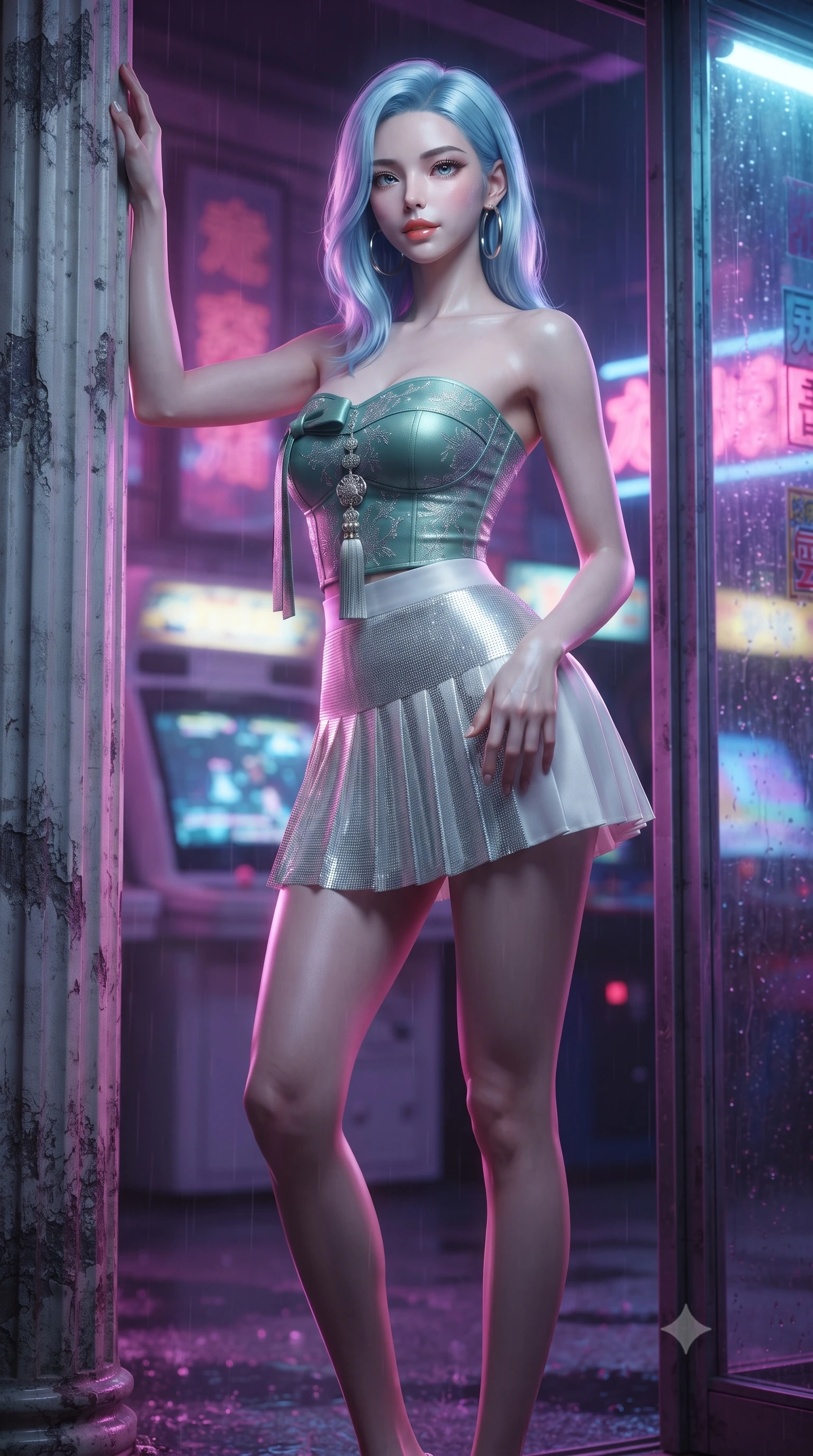 score_9, masterpiece, best quality, ultra-detailed, high-budget anime keyframe, editorial fashion photography, tasteful artistic composition, Korean woman. low angle full-body shot from head to toe showing her feet, filling the entire 9:16 vertical frame with her statuesque presence, stretching her vertical silhouette. standing tall beside the architectural column, one hand resting high while arching her lower back to emphasize her sculpted feminine hips and slender waist while leaning against the glowing glass storefront of a retro arcade, arching her lower back to accentuate her curvy hips with playful seduction. The background shows a soft-focus flickering CRT arcade game screens, retro kanji neon signs, and rainy street puddles blurred into neon pink, violet, and electric blue bokeh. She has an absolutely perfect, statuesque 8.5-heads proportion, an exceptionally tall and slender model-like female figure with impossibly long slender legs, an ultra-slim waist, a flat toned midriff, narrow delicate ribcage, and beautifully sculpted feminine hips creating a graceful, slim hourglass silhouette without any bulky heaviness. sharp v-shaped jawline, high-bridge nose, sparkling eyes with hypnotic seductive depth, thick curled eyelashes, glossy parted lips with a natural dewy peach sheen, alluring bedroom-eyes with an enchanting coquettish smile, exuding magnetic siren charisma and sophisticated glamour, flawlessly proportioned anatomical accuracy, strict slender model proportions, natural body alignment, perfectly sculpted long slender limbs, ultra-slim waistline, clean dynamic posture without body distortion. wearing a modern strapless boned hanbok bustier with traditional norigae tassel accents paired with a micro-pleated silk mini skirt in moonlit jade green and pure alabaster white with silver accents, crafted from shimmering fluid chainmail mesh reflecting ambient neon lights, accented with oversized polished chrome hoop earrings catching the ambient neon glow, the liquid-tight tailored fabric clinging flawlessly to her narrow waist and rounded feminine hips, emphasizing every millimeter of her sculpted slim hourglass curves without any bulky heaviness. illuminated by puddle specular bounce and sharp magenta rim lights defining her razor-sharp jawline, ultra-slim waist, and curvy hips. ultra-reflective glossy finish, specular highlights, rich textural contrasts, high-contrast stereoscopic depth, volumetric dynamic lighting, 2k, ultra detail, master piece, 9:16 ratio