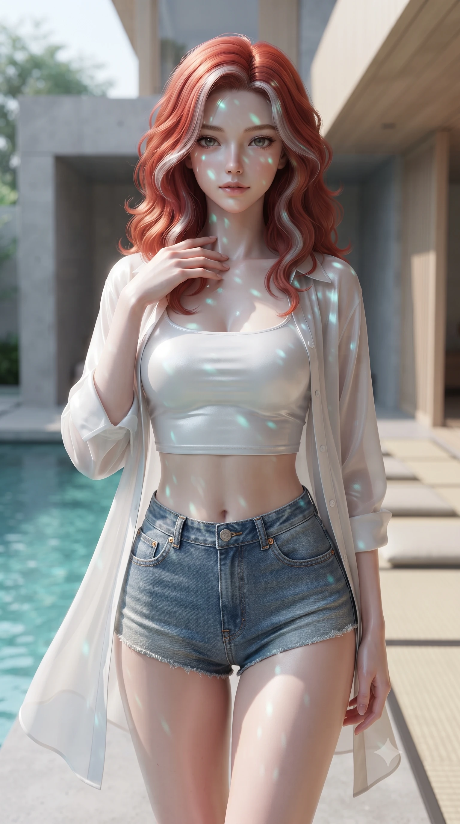 score_9, masterpiece, best quality, ultra-detailed, high-budget anime keyframe, editorial fashion photography, tasteful artistic composition, Caucasian woman. close-up cowboy shot from the waist and thighs up, the character dominates the composition, filling the frame with her large presence, background elements kept in soft focus. standing with one hand resting on her collarbone, looking at the viewer with bedroom-eyes the background shows a soft-focus a modern minimal villa courtyard with a quiet reflection pool and tatami mats. She has an exceptionally elegant, slender, and willowy female figure with an ultra-slim waist, a gracefully sculpted slender torso, and a refined silhouette. sharp v-shaped jawline, high-bridge nose, intricate jewel-like eyes with depth, thick eyelashes, glossy lips with a natural sheen. wearing a slim-fit lightweight chiffon cover-up shirt worn open over a crop top and high-cut shorts. shifting aqua light reflections from the pool water mapping across her features. ultra-reflective glossy finish, specular highlights, metallic sheen, high-contrast stereoscopic depth, volumetric dynamic lighting, 2k, ultra detail, master piece, 9:16 ratio