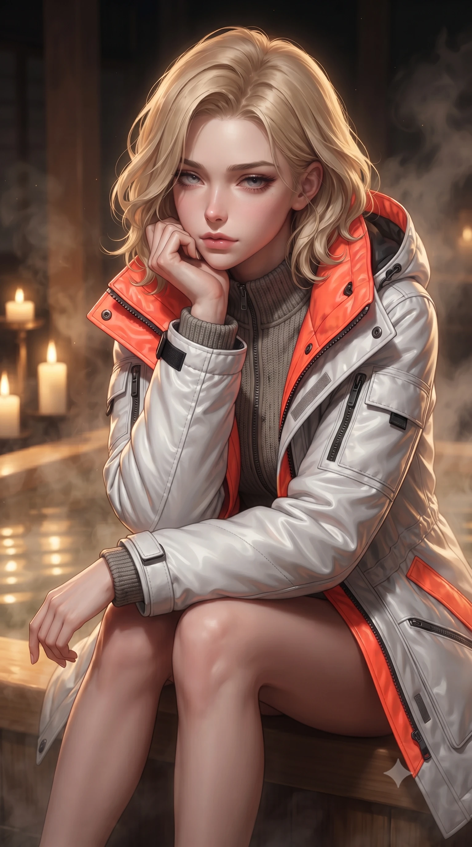 score_9, masterpiece, best quality, ultra-detailed, high-budget anime keyframe, editorial fashion photography, tasteful artistic composition, Caucasian woman. close-up cowboy shot from the waist and thighs up, the character dominates the composition, filling the frame with her large presence, background elements kept in soft focus. resting her chin on the backs of her fingers, casting a heavy-lidded, sultry look past the camera the background shows a soft-focus an intimate traditional bath chamber built of cypress wood (hinoki) with rising steam. She has an exceptionally elegant, slender, and willowy female figure with an ultra-slim waist, a gracefully sculpted slender torso, and a refined silhouette. sharp v-shaped jawline, high-bridge nose, intricate jewel-like eyes with depth, thick eyelashes, glossy lips with a natural sheen. wearing a tailored heavy polar-station parka in white and neon orange tech-fabric, over a grey utility sweater. warm candle stands casting a soft golden glow onto the water surface. ultra-reflective glossy finish, specular highlights, metallic sheen, high-contrast stereoscopic depth, volumetric dynamic lighting, 2k, ultra detail, master piece, 9:16 ratio