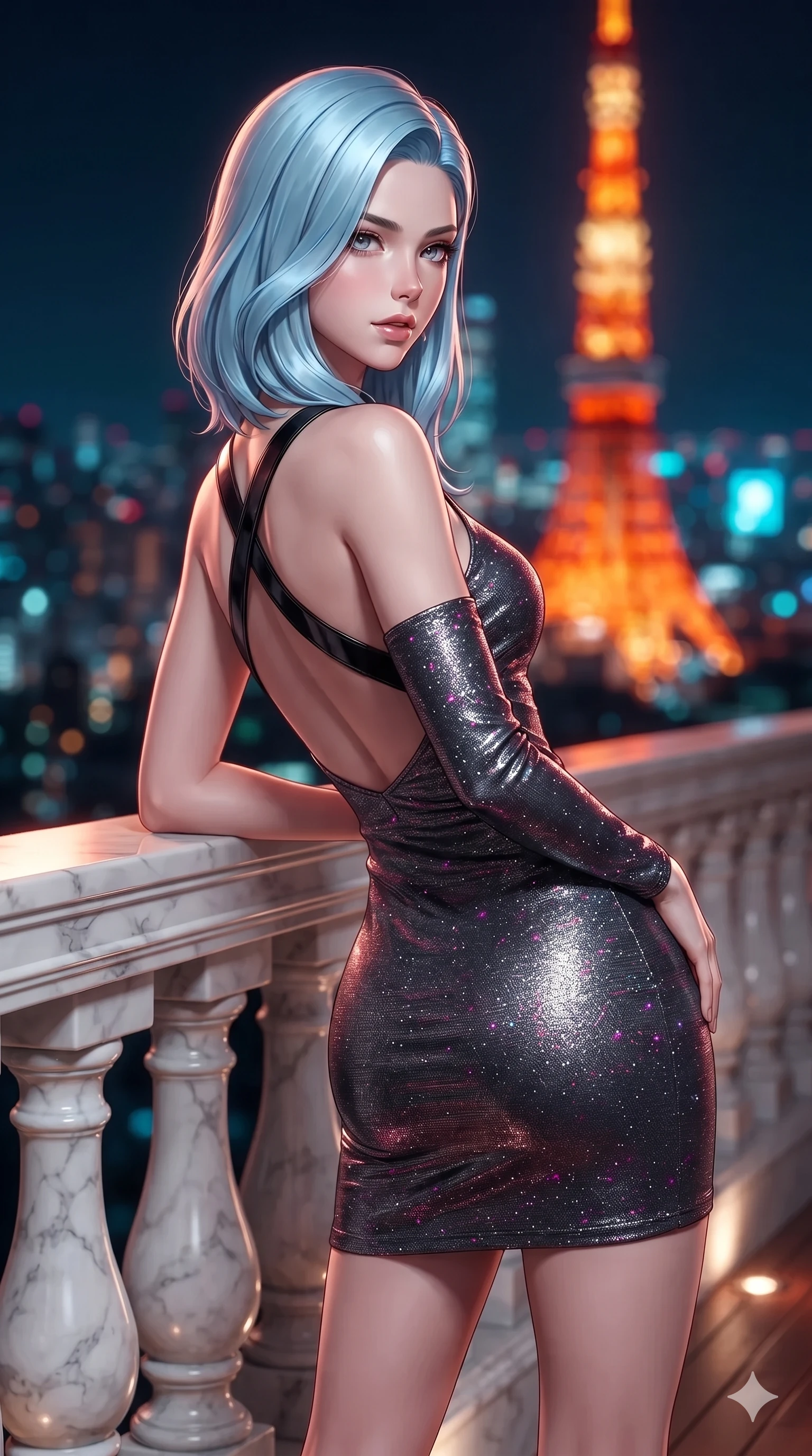 score_9, masterpiece, best quality, ultra-detailed, high-budget anime keyframe, editorial fashion photography, tasteful artistic composition, Korean woman. close-up cowboy shot from the waist and thighs up, the character dominates the composition, filling the frame with her large presence. resting one elbow on the marble balustrade while arching her spine with dancer poise, her dark bedroom-eyes casting a magnetic sidelong glance while standing poised on the high teak terrace, one hand on her hip as she arches her lower back against the glowing Tokyo Tower skyline. The background shows a soft-focus the fiery orange beacon of Tokyo Tower and dense megalopolis sea of lights blurred into brilliant scarlet, amber, and electric cyan bokeh. She has an exceptionally elegant, slender, and willowy female figure with an ultra-slim waist, flat toned midriff, narrow ribcage, and sculpted feminine hips creating an alluring, slim hourglass silhouette without bulk. sharp v-shaped jawline, high-bridge nose, intricate jewel-like dark sparkling eyes with dangerous depth, thick curled eyelashes, glossy parted lips with a rich wine sheen, smoldering seductive half-smile with bedroom-eyes, exuding effortless superiority and intoxicating dark allure, flawlessly proportioned anatomical accuracy, strict slender model proportions, natural body alignment, perfectly sculpted long slender limbs, ultra-slim waistline, clean dynamic posture without body distortion. wearing an asymmetric one-shoulder liquid mercury metallic mini dress hugging her narrow waist and curvy hips in wet asphalt charcoal and neon magenta reflections, woven from metallic lurex thread casting subtle starlight glints across the fabric, featuring an open-back criss-cross harness strap in patent black leather, the form-contouring cut accentuating her sculpted flat midriff, narrow delicate ribcage, and gracefully curvy hips with intoxicating allure. illuminated by terrace accent uplights and sharp rose-gold rim lights sculpting her razor-sharp jawline, narrow waist, and curvy hips. ultra-reflective glossy finish, specular highlights, rich textural contrasts, high-contrast stereoscopic depth, volumetric dynamic lighting, 2k, ultra detail, master piece, 9:16 ratio
