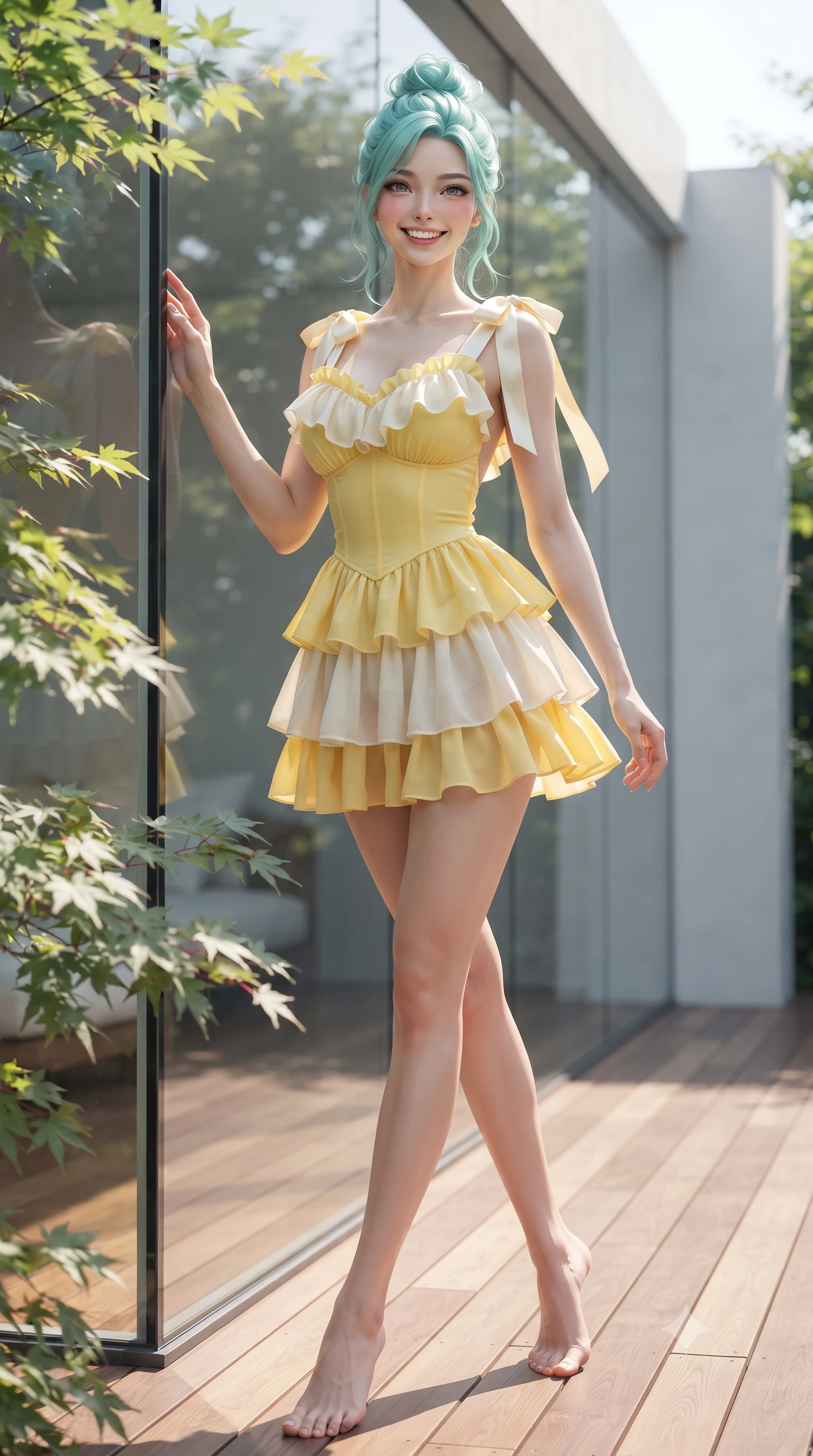 score_9, masterpiece, best quality, ultra-detailed, high-budget anime keyframe, editorial fashion photography, tasteful artistic composition, Japanese woman. low angle full-body shot from head to toe showing her feet, filling the entire 9:16 vertical frame with her statuesque presence, stretching her vertical silhouette. stepping forward gracefully in mid-motion with a radiant beaming smile, hips swaying in an alluring kinetic rhythm that accentuates her curvy hourglass silhouette and long slender legs while leaning against a minimalist glass pavilion wall with hips cocked back, casting an enchanting, playful bedroom-gaze past leafy maple branches. The surrounding environment is rendered in vivid detail and crisp panoramic clarity. detailed knit cardigan texture, soft sunlight highlights on skin, and Daikanyama architecture clarity in high resolution. She has an exceptionally tall and slender model-like 8.5-heads proportion, an ultra-slim waist, a flat toned midriff, narrow delicate ribcage, and beautifully sculpted feminine hips creating a graceful, slim hourglass silhouette without any bulky heaviness, with impossibly long slender legs. sharp v-shaped jawline, high-bridge nose, intricate jewel-like sparkling eyes with depth, thick eyelashes, glossy parted lips with a natural peach sheen, bright cheerful beaming smile with an enchanting and coquettish sensual glint, exuding both youthful cute charm and seductive allure, flawlessly proportioned anatomical accuracy, strict slender model proportions, natural body alignment, perfectly sculpted long slender limbs, ultra-slim waistline, clean dynamic posture without body distortion. wearing a tiered ruffled chiffon mini dress with a fitted corseted waist and open back in bright butter yellow and fresh cream white, crafted from liquid-tight stretch jersey emphasizing every curve, finished with cute satin bow ribbons tying at the shoulders, the glove-like silhouette tightly following the natural contour of her hips and long slender legs with youthful 8.5-heads elegance. illuminated by warm wooden deck bounce light sculpting her razor-sharp jawline, narrow waist, and curvy hips. ultra-reflective glossy finish, specular highlights, rich textural contrasts, high-contrast stereoscopic depth, volumetric dynamic lighting, 2k, ultra detail, master piece, 9:16 ratio