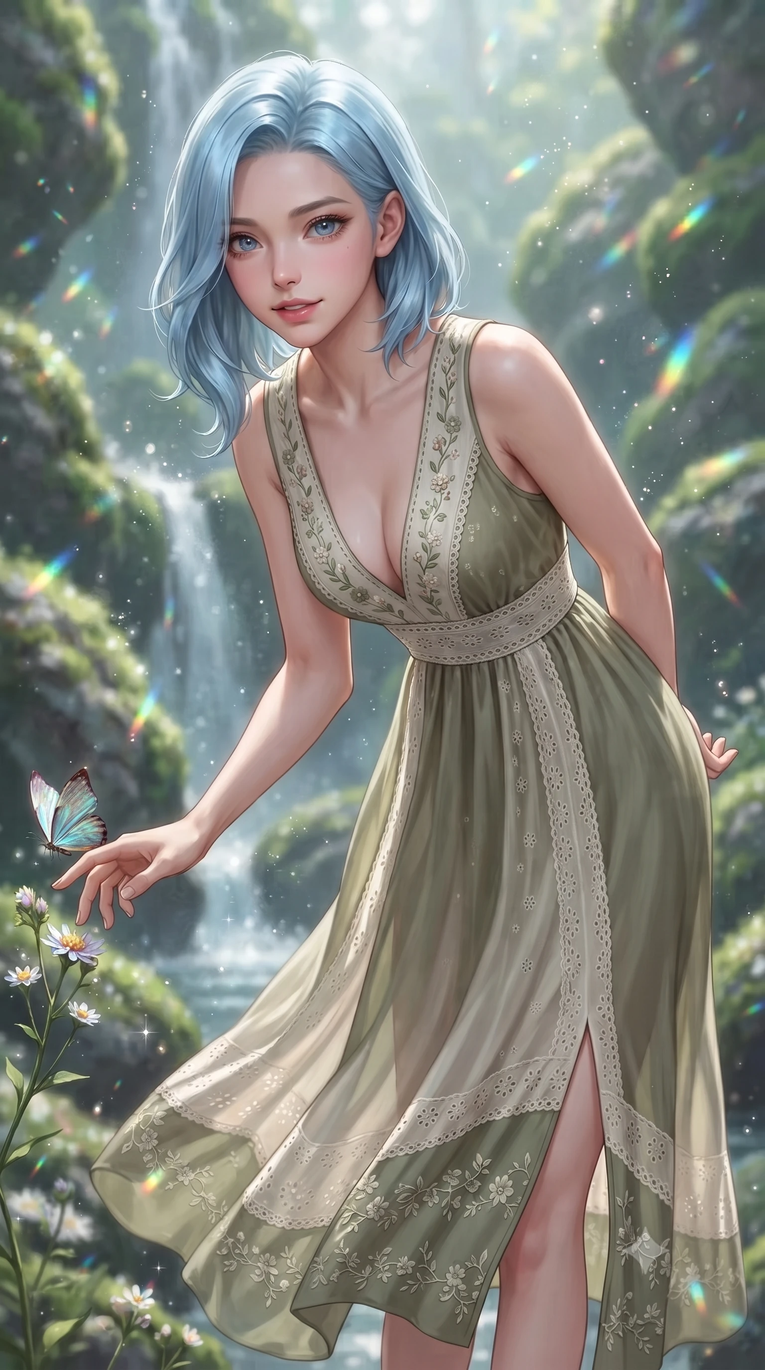 score_9, masterpiece, best quality, ultra-detailed, high-budget anime keyframe, editorial fashion photography, tasteful artistic composition, Korean woman. close-up cowboy shot from the waist and thighs up, the character dominates the composition, filling the frame with her large presence. clasping her hands behind her back and leaning forward playfully with a sweet, innocent girlhood expression while reaching out playfully to touch a delicate iridescent forest butterfly resting on a wildflower blossom. The composition keeps background elements in soft focus with creamy bokeh. sparkling waterfall mist and floating forest moisture scattering shimmering rainbow light motes. She has an exceptionally elegant, slender, and willowy female figure with an ultra-slim waist, a gracefully sculpted slender torso, toned flat midriff, and a refined slim silhouette. sharp v-shaped jawline, high-bridge nose, intricate jewel-like eyes with depth, thick eyelashes, glossy lips with a natural sheen, pure and lovely fresh girlhood expression, flawlessly proportioned anatomical accuracy, strict slender model proportions, natural body alignment, perfectly sculpted long slender limbs, ultra-slim waistline, clean dynamic posture without body distortion. wearing a flowy silk-chiffon maxi dress with a gentle side slit and fluttering hemline in muted olive green and ivory cotton, woven with delicate eyelet lace and breathable cotton voile, complemented by subtle floral embroidery along the neckline and hem, the soft airy drape swaying gracefully with her dynamic movements, emphasizing her tall willowy build and slim waistline. surrounded by an enchanting, whimsical, and pure fairy-tale glen maiden aura. ultra-reflective glossy finish, specular highlights, rich natural textures, high-contrast stereoscopic depth, volumetric dynamic lighting, 2k, ultra detail, master piece, 9:16 ratio
