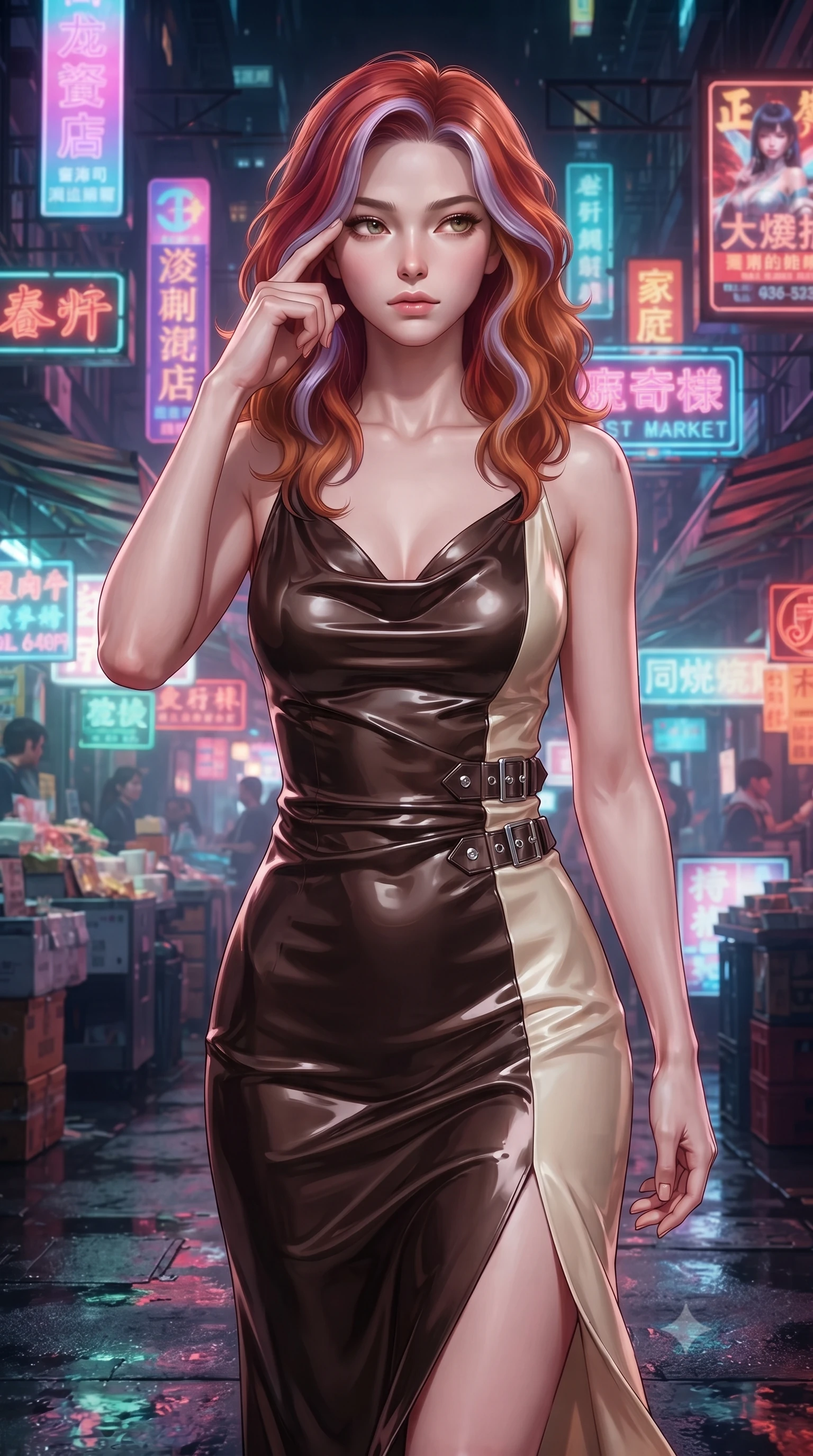 score_9, masterpiece, best quality, ultra-detailed, high-budget anime keyframe, editorial fashion photography, tasteful artistic composition, Caucasian woman. close-up cowboy shot from the waist and thighs up, the character dominates the composition, filling the frame with her large presence, background elements kept in soft focus. Pressing two fingers to her temple in a composed thoughtful gesture with an air of magnetic charisma walking through a futuristic night market overflowing with holographic stall signs, dense holographic advertisements casting dynamic colorful shadows. She has an exceptionally elegant, slender, and willowy female figure with an ultra-slim waist, a gracefully sculpted slender torso, and a refined silhouette. sharp v-shaped jawline, high-bridge nose, intricate jewel-like eyes with depth, thick eyelashes, glossy lips with a natural sheen. wearing an elegant cowl-neck satin midi dress with a draped neckline in espresso brown and warm cream, tailored from high-gloss patent leather, detailed with polished silver buckles along the waistline, the glove-like fit emphasizing her statuesque silhouette. surrounded by a high-energy futuristic nightlife atmosphere. ultra-reflective glossy finish, specular highlights, metallic sheen, high-contrast stereoscopic depth, volumetric dynamic lighting, 2k, ultra detail, master piece, 9:16 ratio