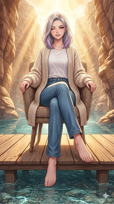 score_9, masterpiece, best quality, ultra-detailed, high-budget anime keyframe, vibrant anime aesthetic, Caucasian woman, strictly human ears. low angle full-body shot from head to toe showing her feet, filling the entire 9:16 vertical frame with her
