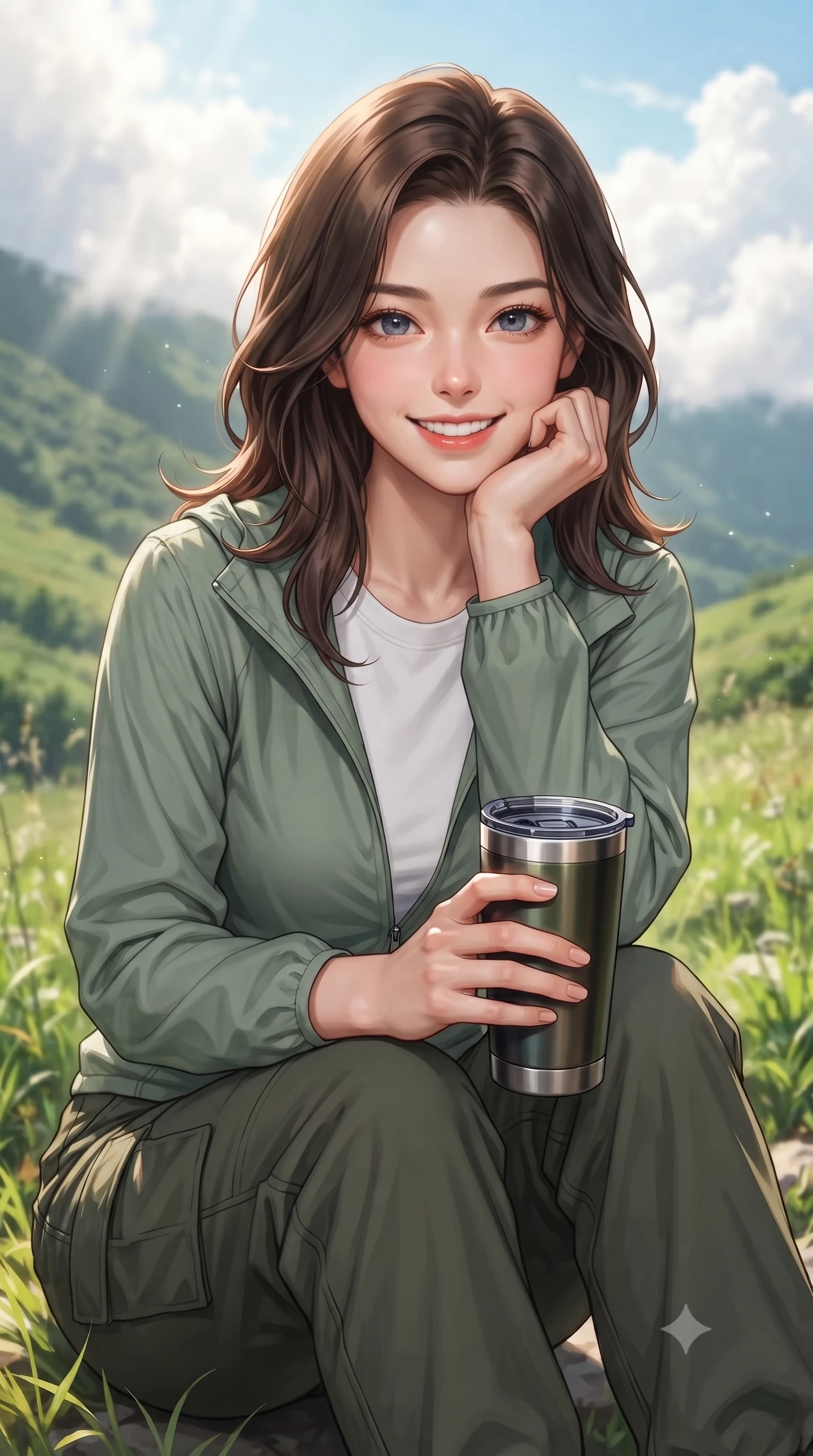 score_9, masterpiece, best quality, ultra-detailed, high-budget anime keyframe, editorial fashion photography, tasteful artistic composition, Korean woman. close-up cowboy shot from the waist and thighs up, the character dominates the composition, filling the frame with her large presence, background elements kept in soft focus. smiling cutely while resting her chin on her hand, looking directly into the lens set against a soft-focus background of on a green slope of a highland mountain covered in wild mountain grass holding a travel tumbler with a bright, active grin. She has an exceptionally elegant, slender, and willowy female figure with an ultra-slim waist, a gracefully sculpted slender torso, and a refined silhouette. sharp v-shaped jawline, high-bridge nose, intricate jewel-like eyes with depth, thick eyelashes, glossy lips with a natural sheen. wearing body-hugging casual athletic windbreaker in sage green, paired with a simple tee and cargo pants. soft afternoon sunbeams filtering through passing white mountain clouds. highly saturated vibrant anime colors, detailed shading with soft gradients, rich glossy textures, high-contrast stereoscopic depth, volumetric dynamic lighting, master piece, 9:16 ratio