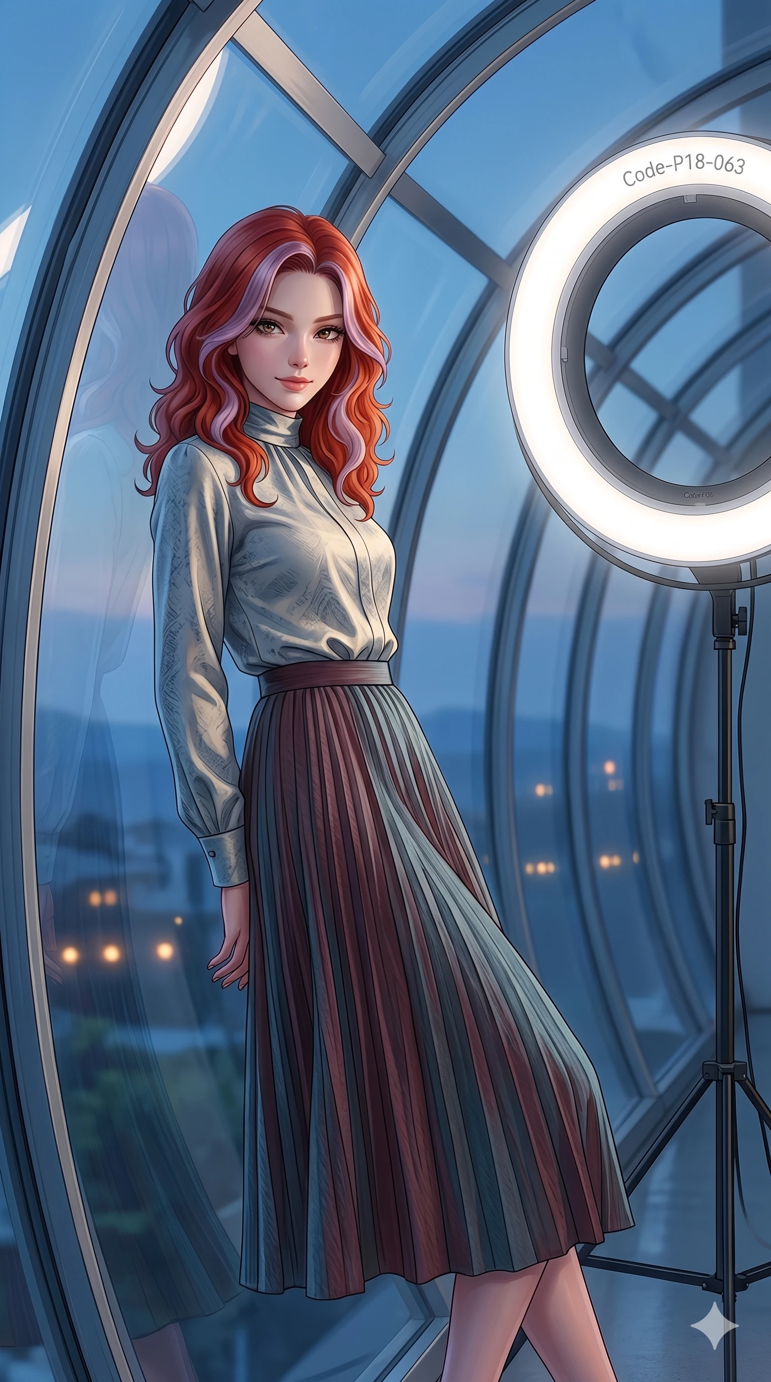 score_9, masterpiece, best quality, ultra-detailed, high-budget anime keyframe, editorial fashion photography, tasteful artistic composition, Caucasian woman, strictly human ears. cowboy shot from the thighs up, character and outfit filling the frame for maximum editorial presence. leaning against the glass tunnel wall, looking at the viewer with a mysterious smile inside a professional photo studio with a large white ring light (Code-P18-063). She has an absolutely perfect 8-heads proportion, an exceptionally tall and slender female figure with impossibly long slender legs and an ultra-slim waist. V-shaped jawline, high-bridge nose, intricate jewel-like eyes with depth, thick eyelashes, glossy lips with a natural sheen. wearing a high-neck tailored silk shirt under midi skirt. soft blue twilight glow mixed with warm window light, tracing her jawline and nose. 2k, ultra detail, master piece, 9:16 ratio