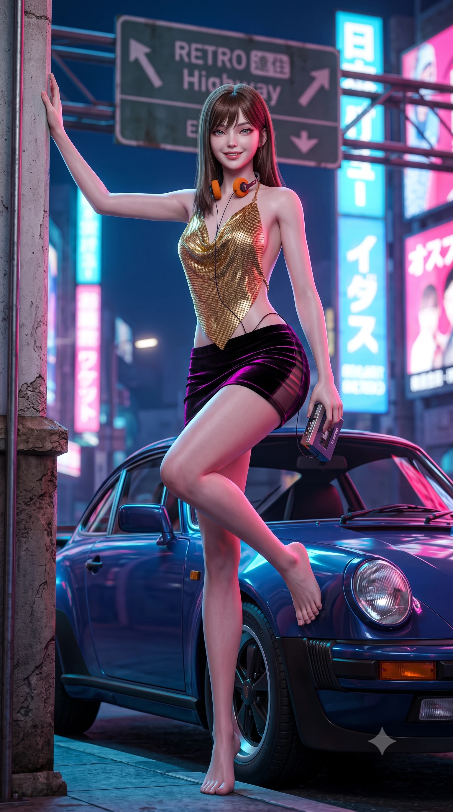 score_9, masterpiece, best quality, ultra-detailed, high-budget anime keyframe, semi-realistic 3D game render, editorial fashion photography, tasteful artistic composition, Korean woman. low angle full-body shot from head to toe showing her feet, filling the entire 9:16 vertical frame with her statuesque presence, stretching her vertical silhouette. standing tall beside the architectural column, one hand resting high while arching her lower back to emphasize her sculpted feminine hips and slender waist while perched casually on the hood of the classic sports car with legs crossed, holding a cassette player while flashing a confident, teasing smile. The background shows a soft-focus highway overhead gantry signage softened in high-octane retro city shallow focus. She has an absolutely perfect, statuesque 8.5-heads proportion, an exceptionally tall and slender model-like female figure with impossibly long slender legs, an ultra-slim waist, a flat toned midriff, narrow delicate ribcage, and beautifully sculpted feminine hips creating a graceful, slim hourglass silhouette without any bulky heaviness. sharp v-shaped jawline, high-bridge nose, sparkling eyes with hypnotic seductive depth, thick curled eyelashes, glossy parted lips with a natural dewy peach sheen, alluring bedroom-eyes with an enchanting coquettish smile, exuding magnetic siren charisma and sophisticated glamour, flawlessly proportioned anatomical accuracy, strict slender model proportions, natural body alignment, perfectly sculpted long slender limbs, ultra-slim waistline, clean dynamic posture without body distortion. wearing a liquid gold chainmail cowl halter top paired with an ultra-low-rise velvet mini skirt in wet-look onyx black with electric fuchsia reflections, made of delicate semi-sheer Korean gossamer organza with subtle pearlescent glints, complemented by a retro cassette walkman with vintage foam-padded orange headphones, the precision-cut side openings and low-back scoop framing her graceful spine and the sensual sweep of her slim, toned hips. bathed in dynamic dual-tone neon lighting spilling from towering Japanese billboard displays. highly saturated vibrant anime colors, detailed shading with soft gradients, rich glossy textures, high-contrast stereoscopic depth, volumetric dynamic lighting, master piece, 9:16 ratio